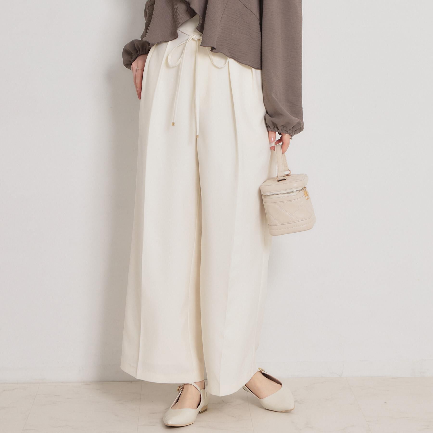 Couture broach「【洗える・S-LL】細リボンデザイン タックワイドパンツ」|その他|オフホワイト(003