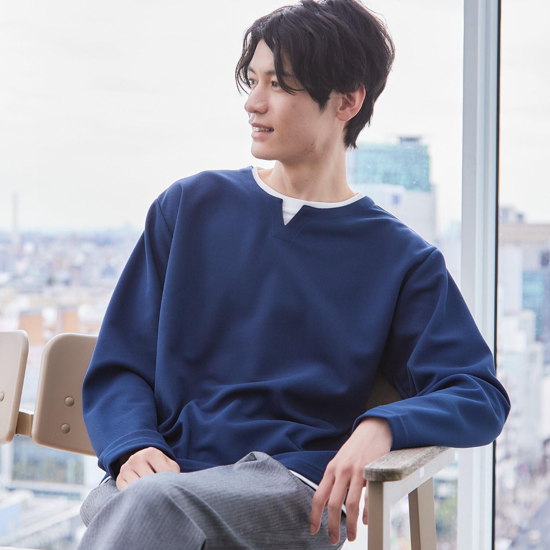 THE SHOP TK「【1枚で手抜きに見えない】キーネック フェイクレイヤード長袖Tシャツ」|Tシャツ・カットソー|ネイビー(094)