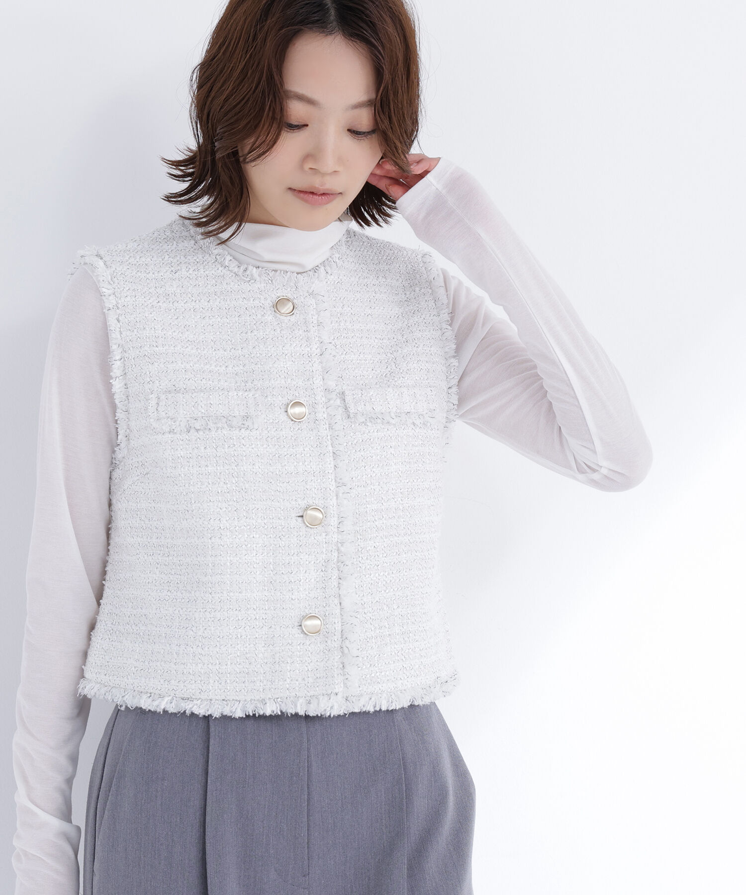  「ツイードシリーズ コンパクトジレ」|ブルゾン・スタジャン|オフ系2