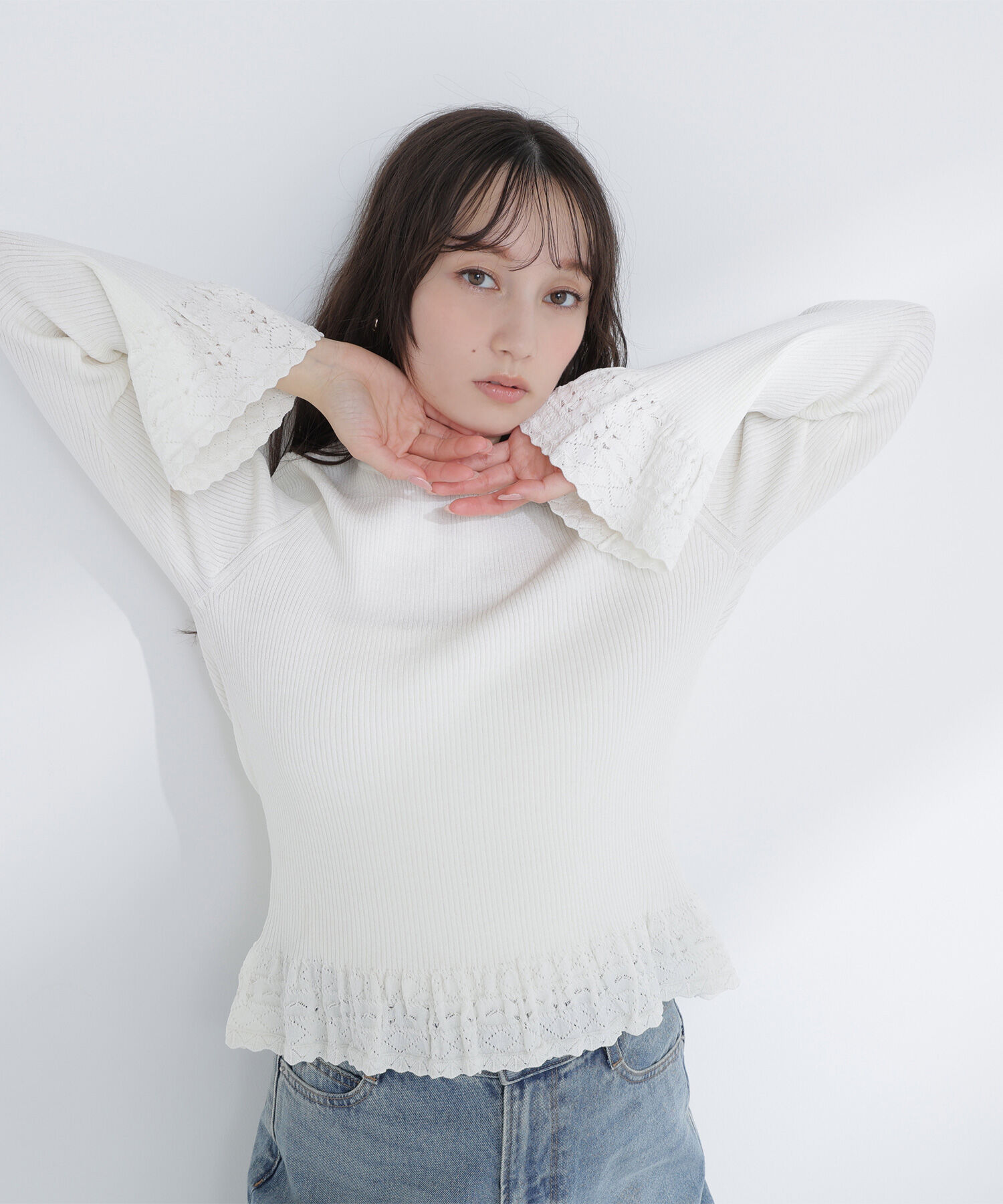  「柄編みフレアスリーブニット」|ニット・セーター|オフホワイト1