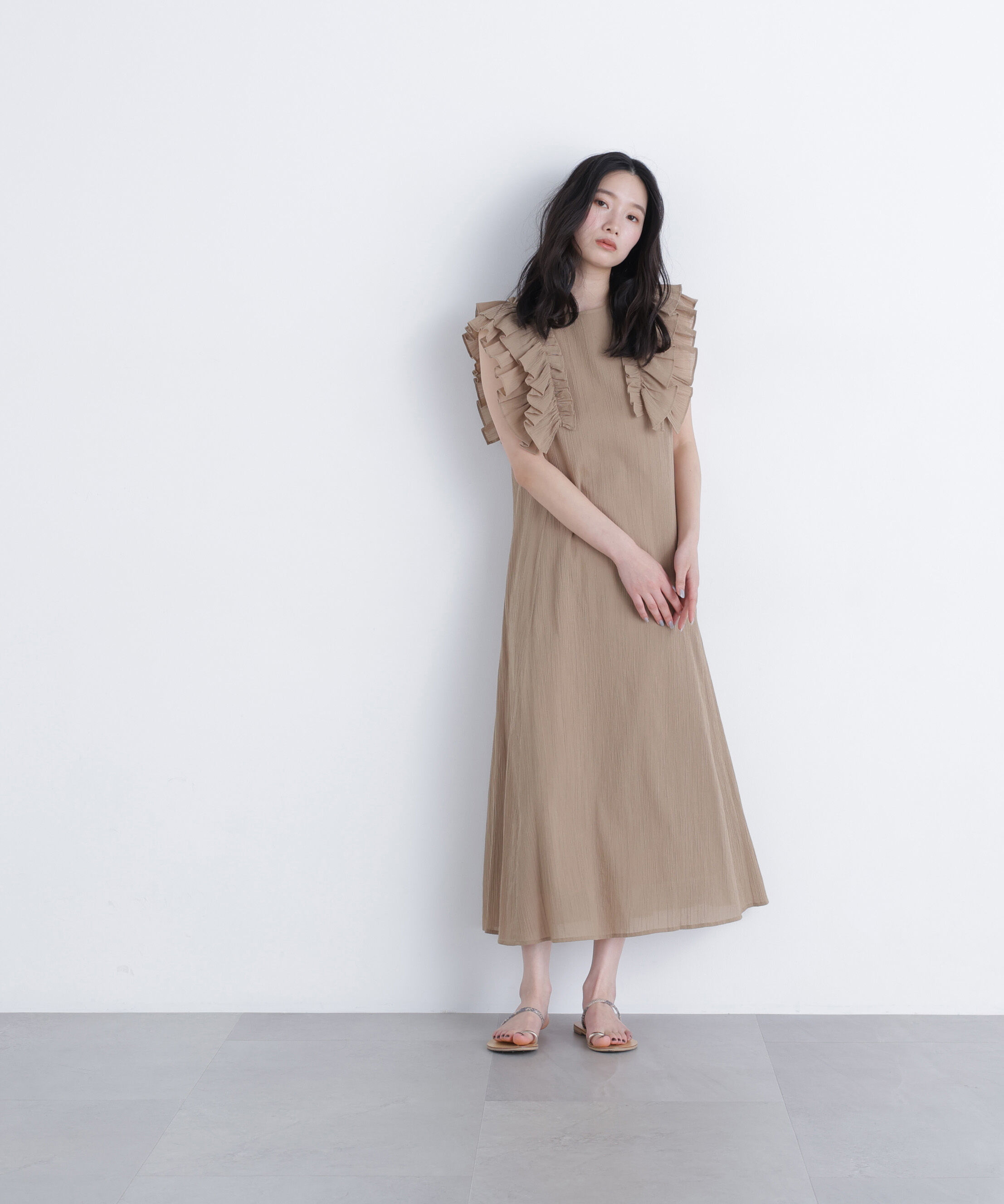  「デザインフリル楊柳ワンピース」|ワンピース|ベージュ