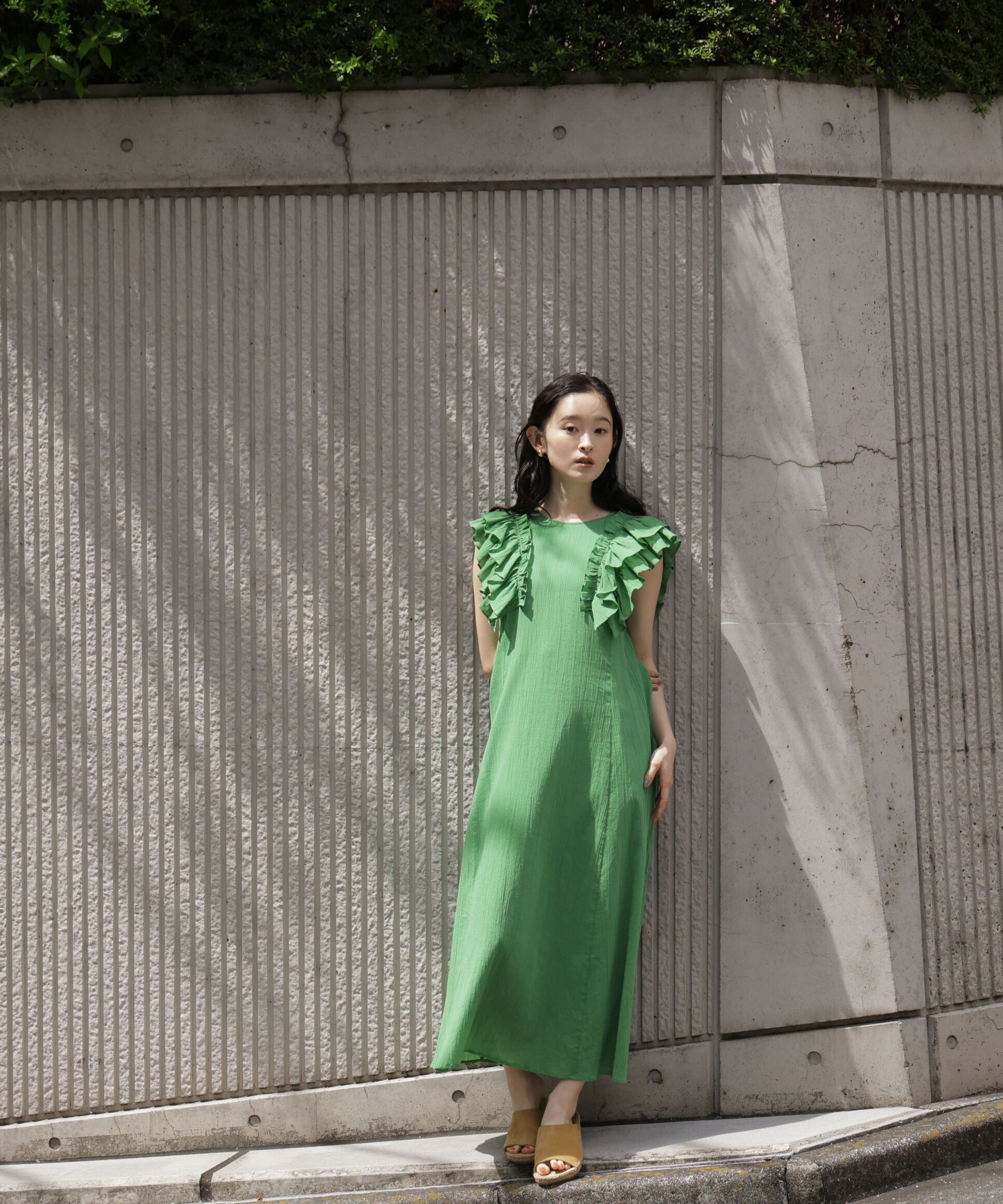 「デザインフリル楊柳ワンピース」|ワンピース|グリーン1
