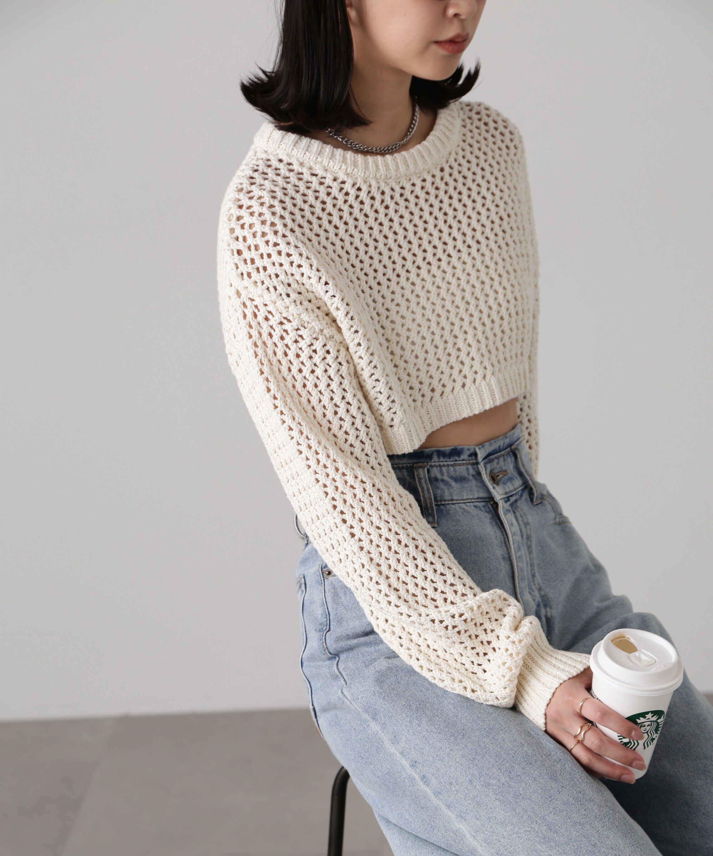  「ショート丈メッシュニットプルオーバー」|ニット・セーター|