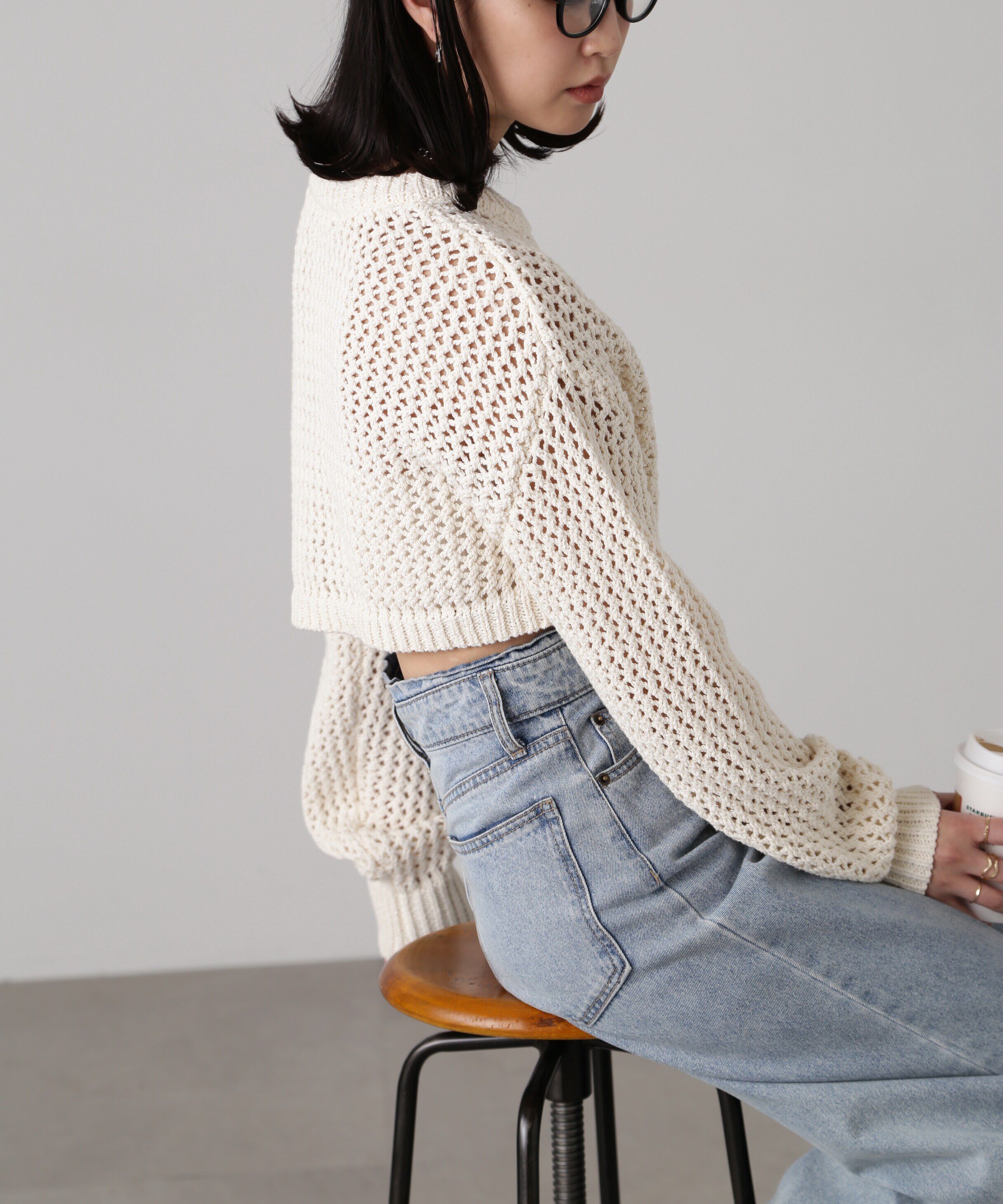  「ショート丈メッシュニットプルオーバー」|ニット・セーター|