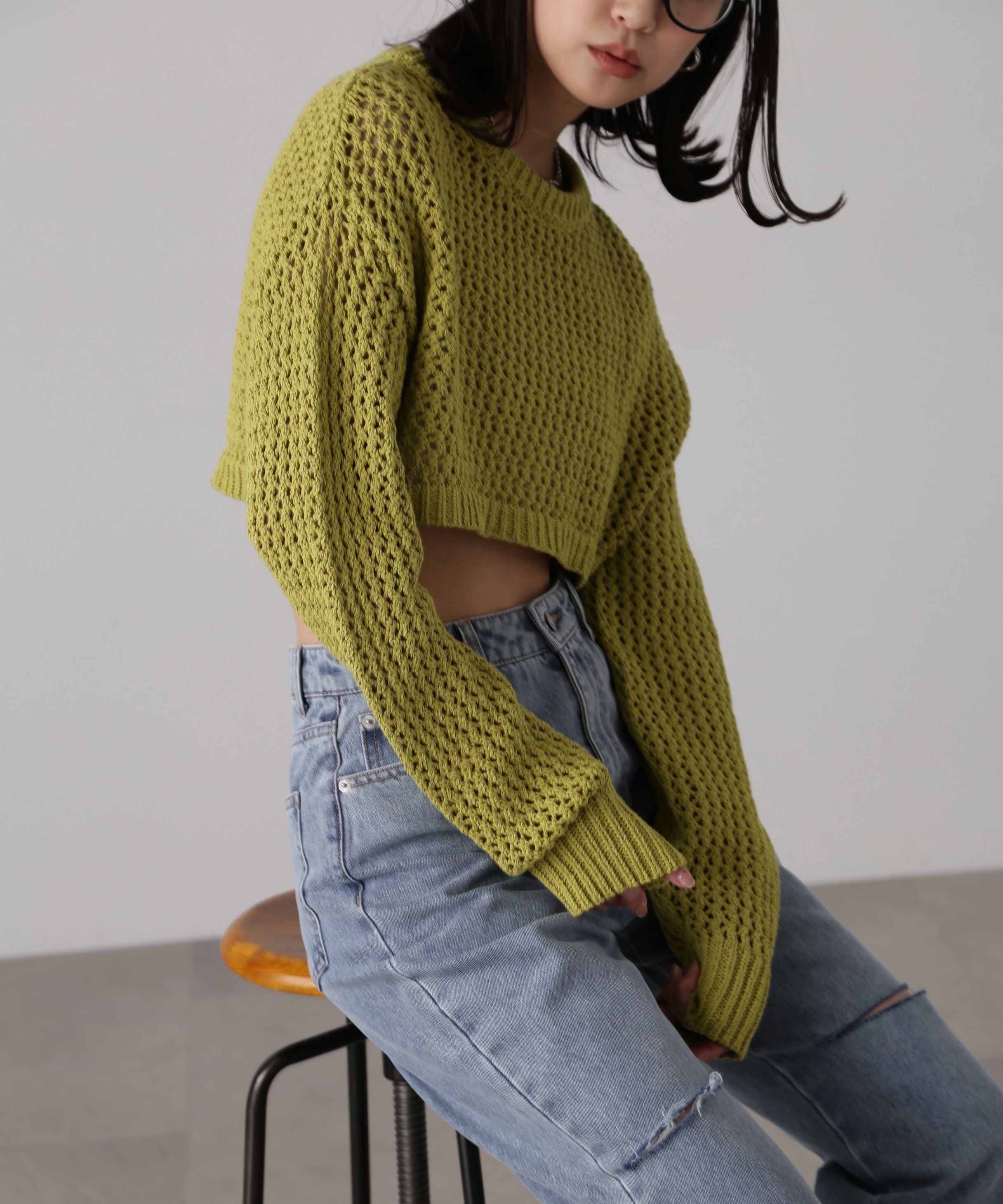  「ショート丈メッシュニットプルオーバー」|ニット・セーター|