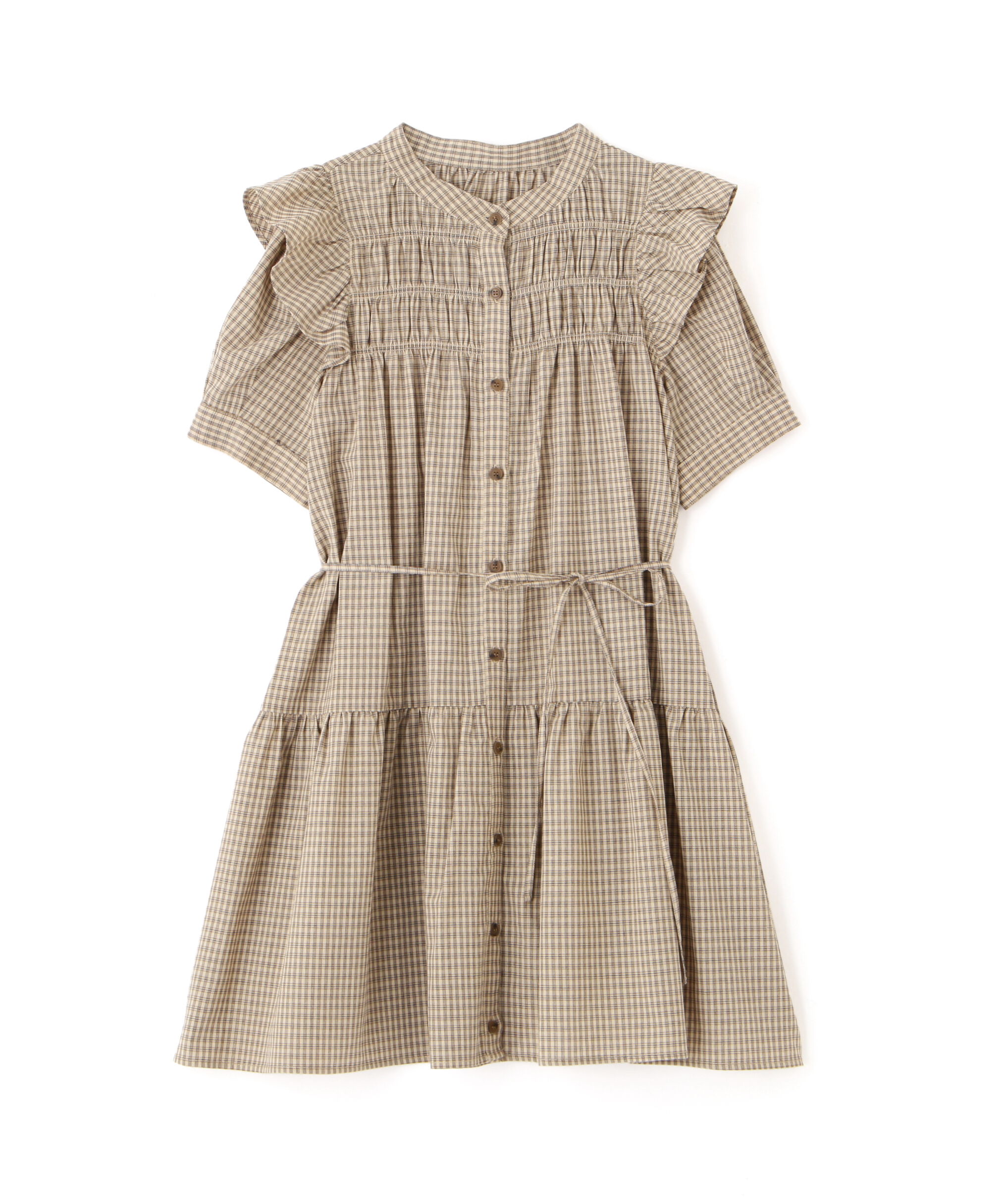  「ミニチェック肩フリルティアードミニワンピース」|ワンピース|