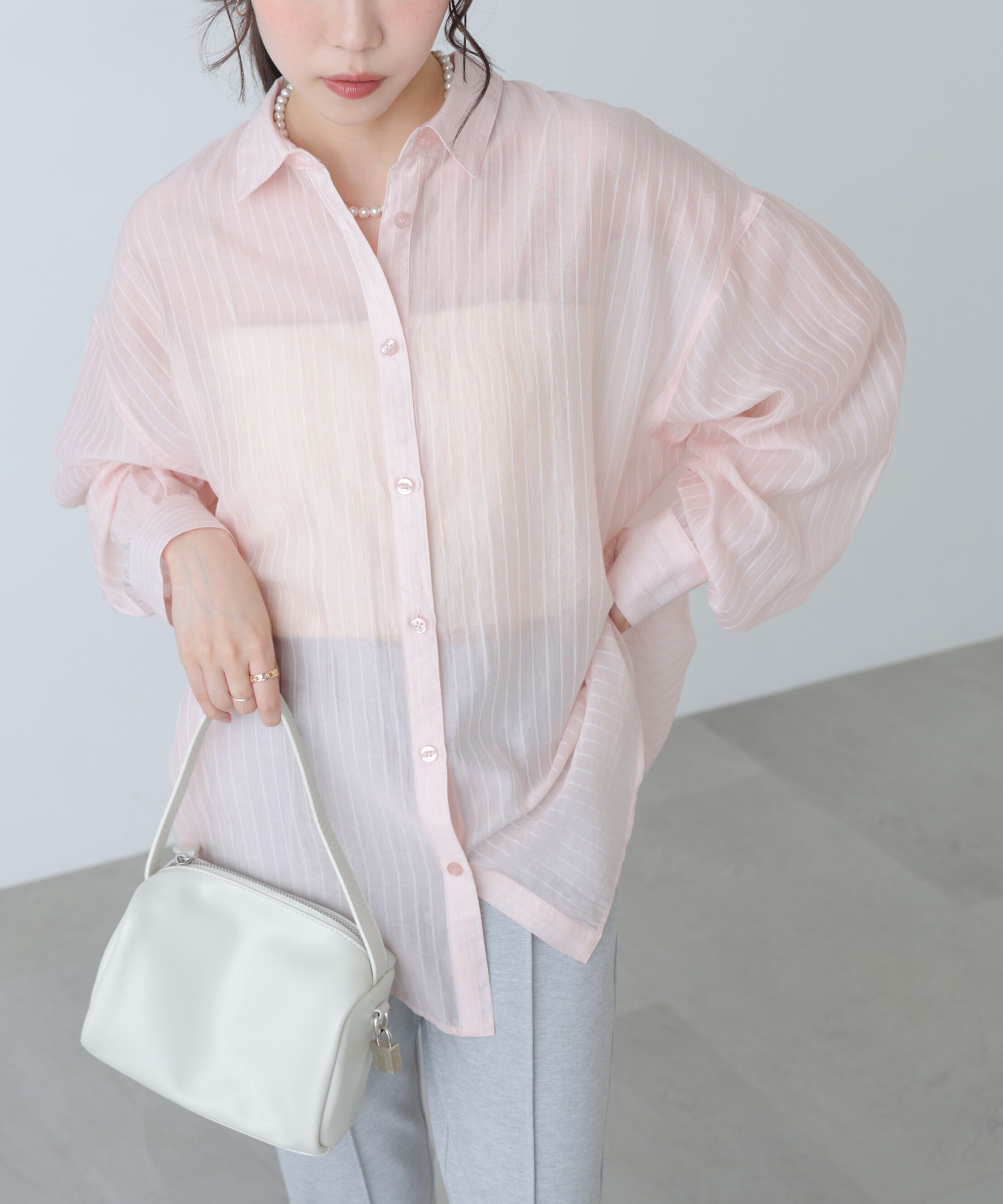  「シアーダブルストライプシャツ」|シャツ・ブラウス|ピンクベース1