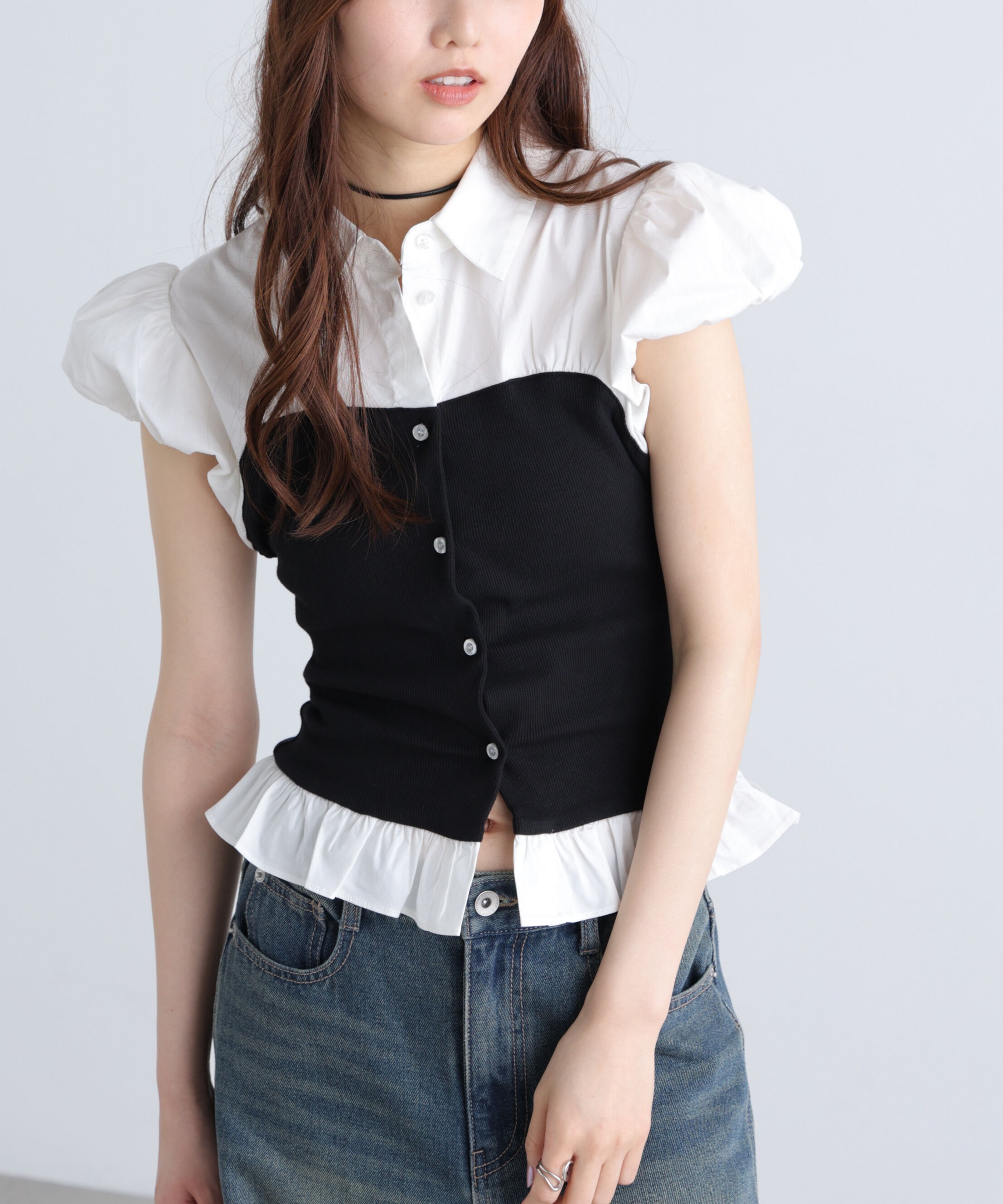  「ビスチェドッキングパフスリーブ半袖ブラウス」|Tシャツ・カットソー|ブラック