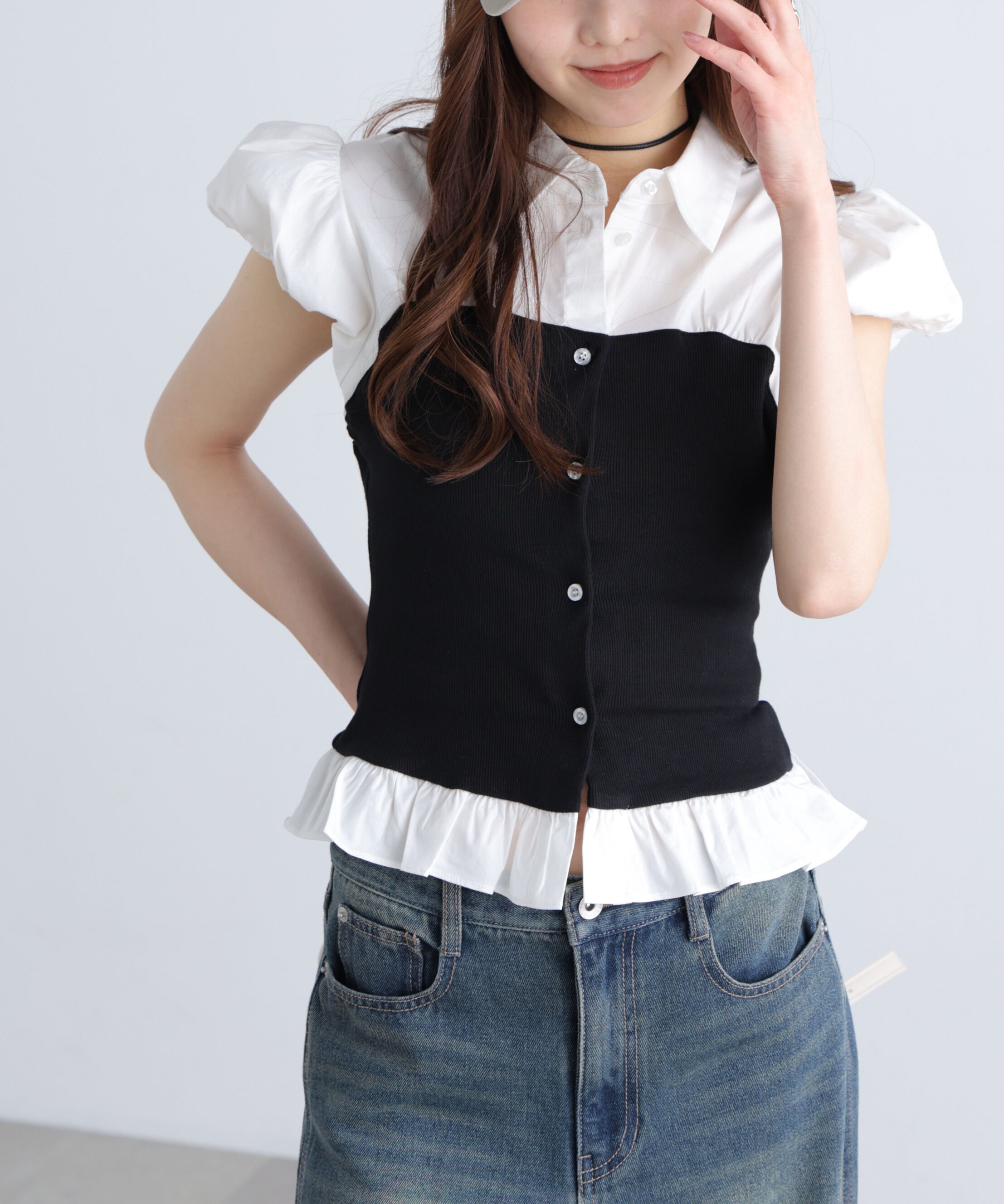  「ビスチェドッキングパフスリーブ半袖ブラウス」|Tシャツ・カットソー|