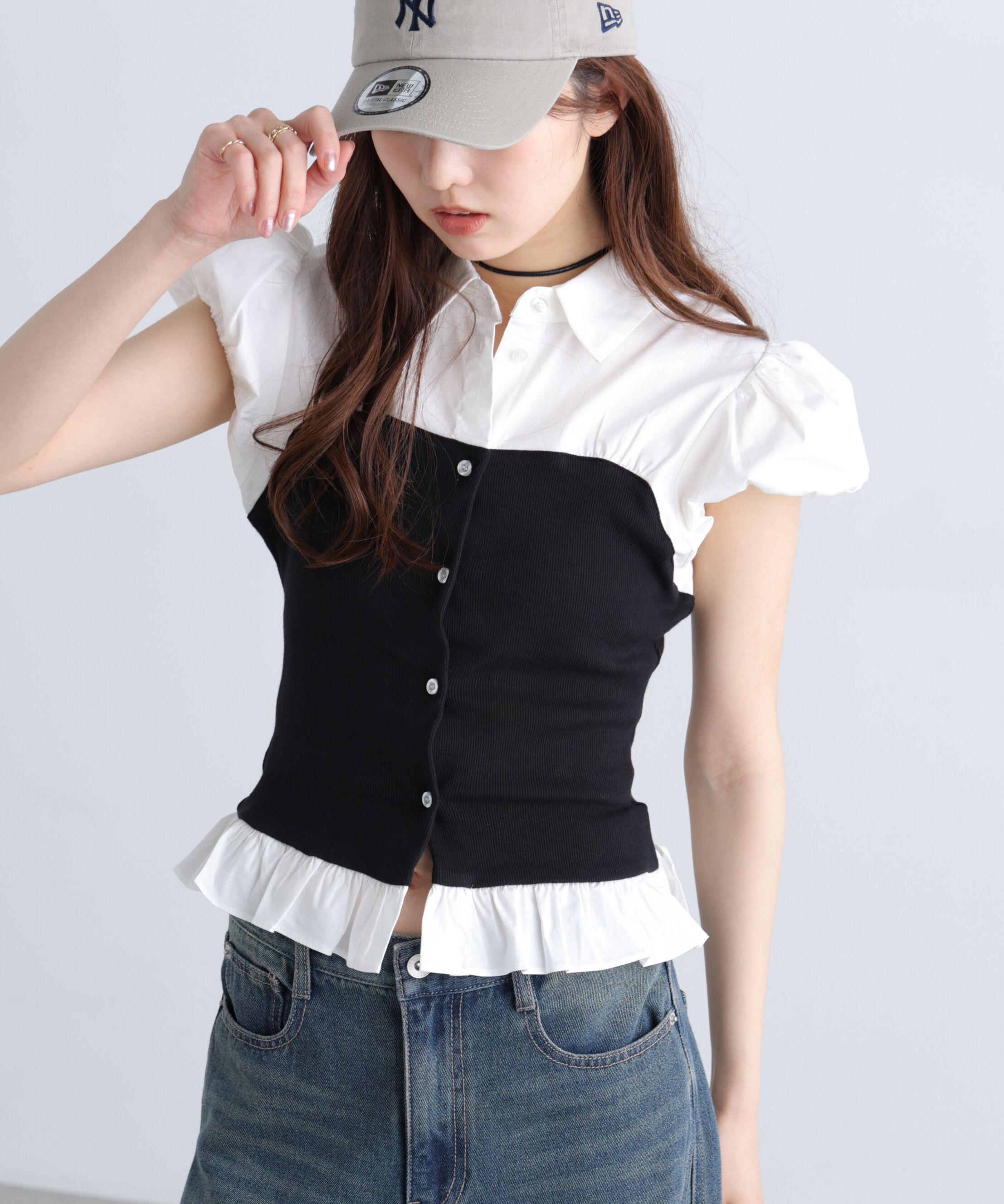  「ビスチェドッキングパフスリーブ半袖ブラウス」|Tシャツ・カットソー|