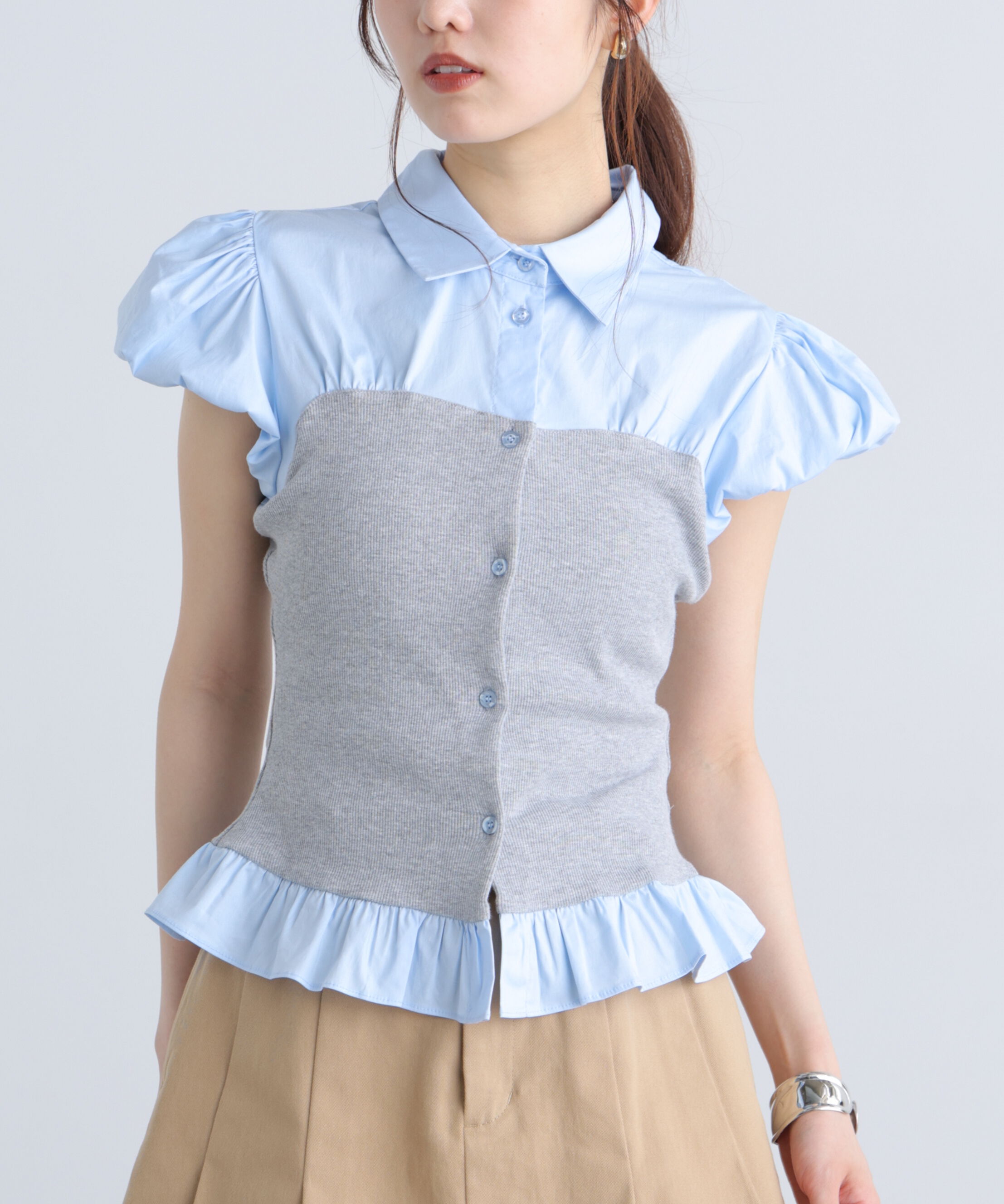  「ビスチェドッキングパフスリーブ半袖ブラウス」|Tシャツ・カットソー|