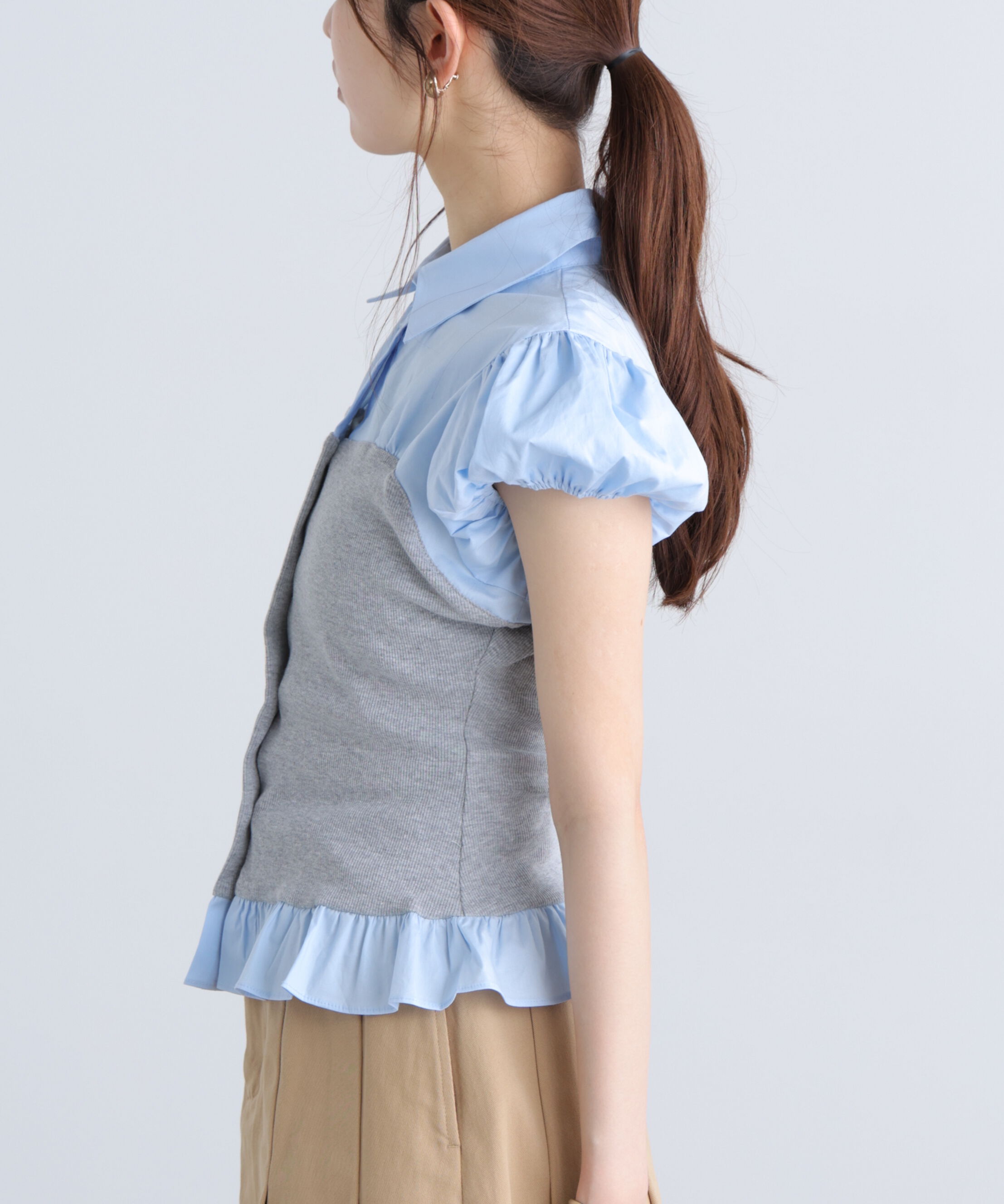  「ビスチェドッキングパフスリーブ半袖ブラウス」|Tシャツ・カットソー|