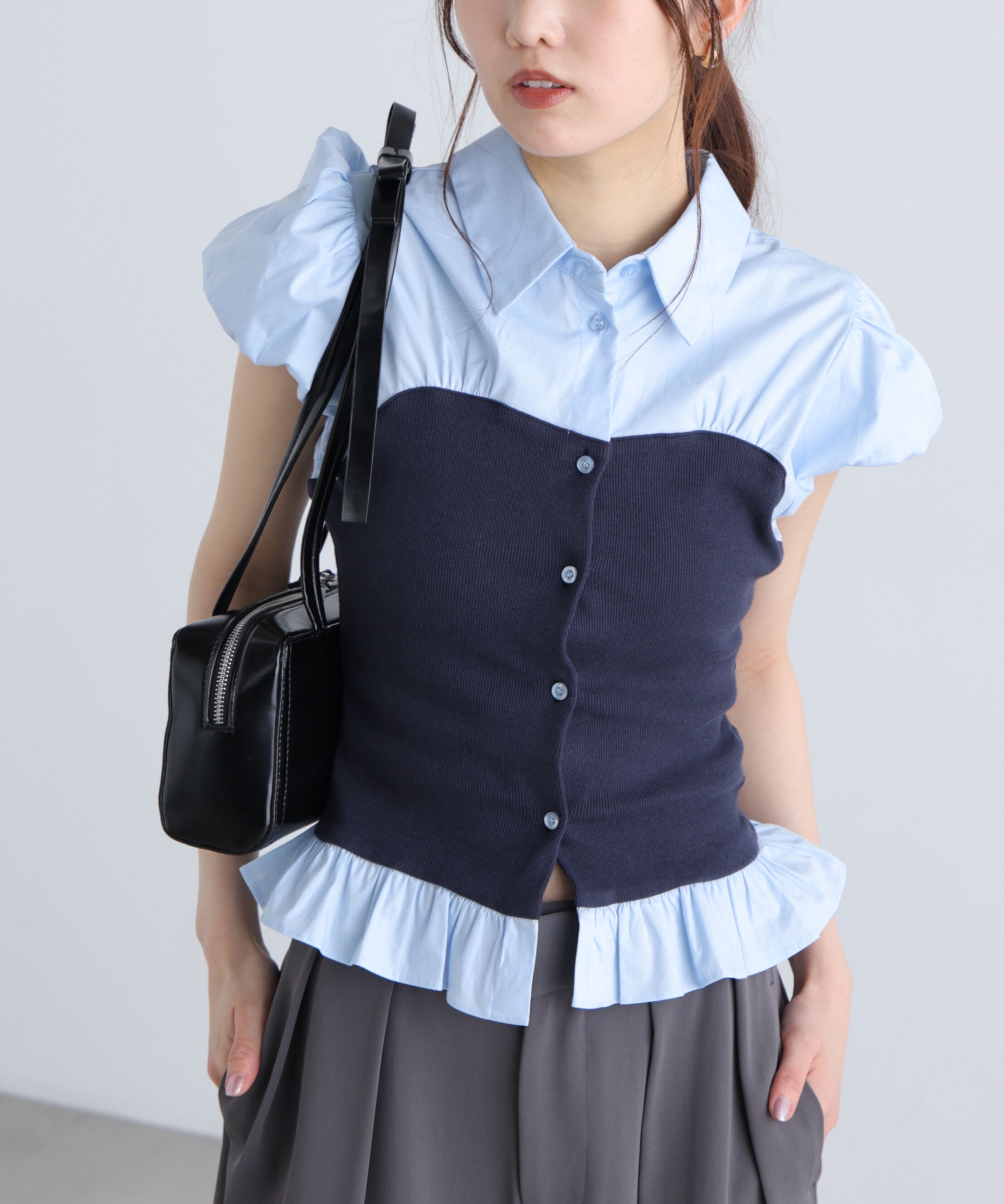  「ビスチェドッキングパフスリーブ半袖ブラウス」|Tシャツ・カットソー|ネイビー