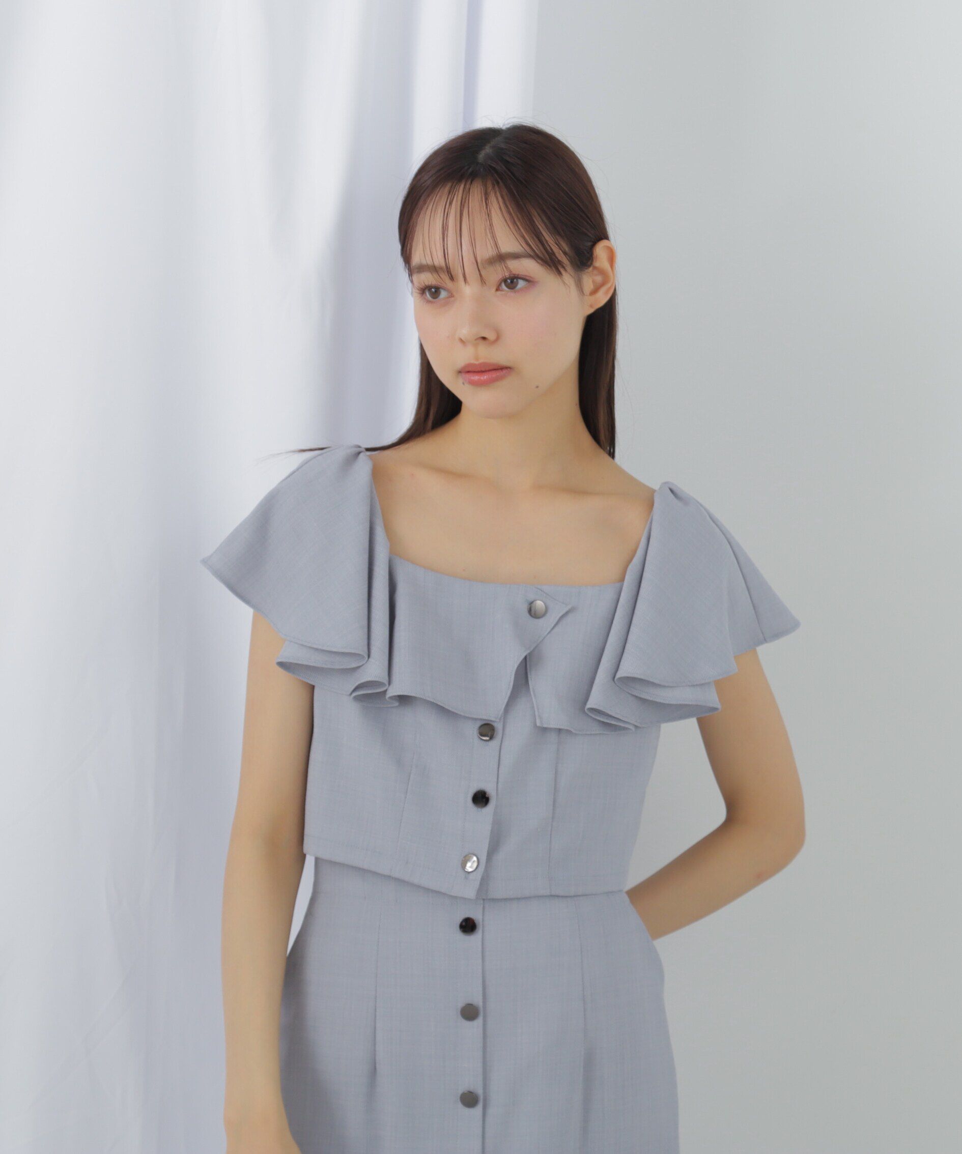  「リネンライククロップドブラウス　WEB限定カラー:ブルー」|シャツ・ブラウス|