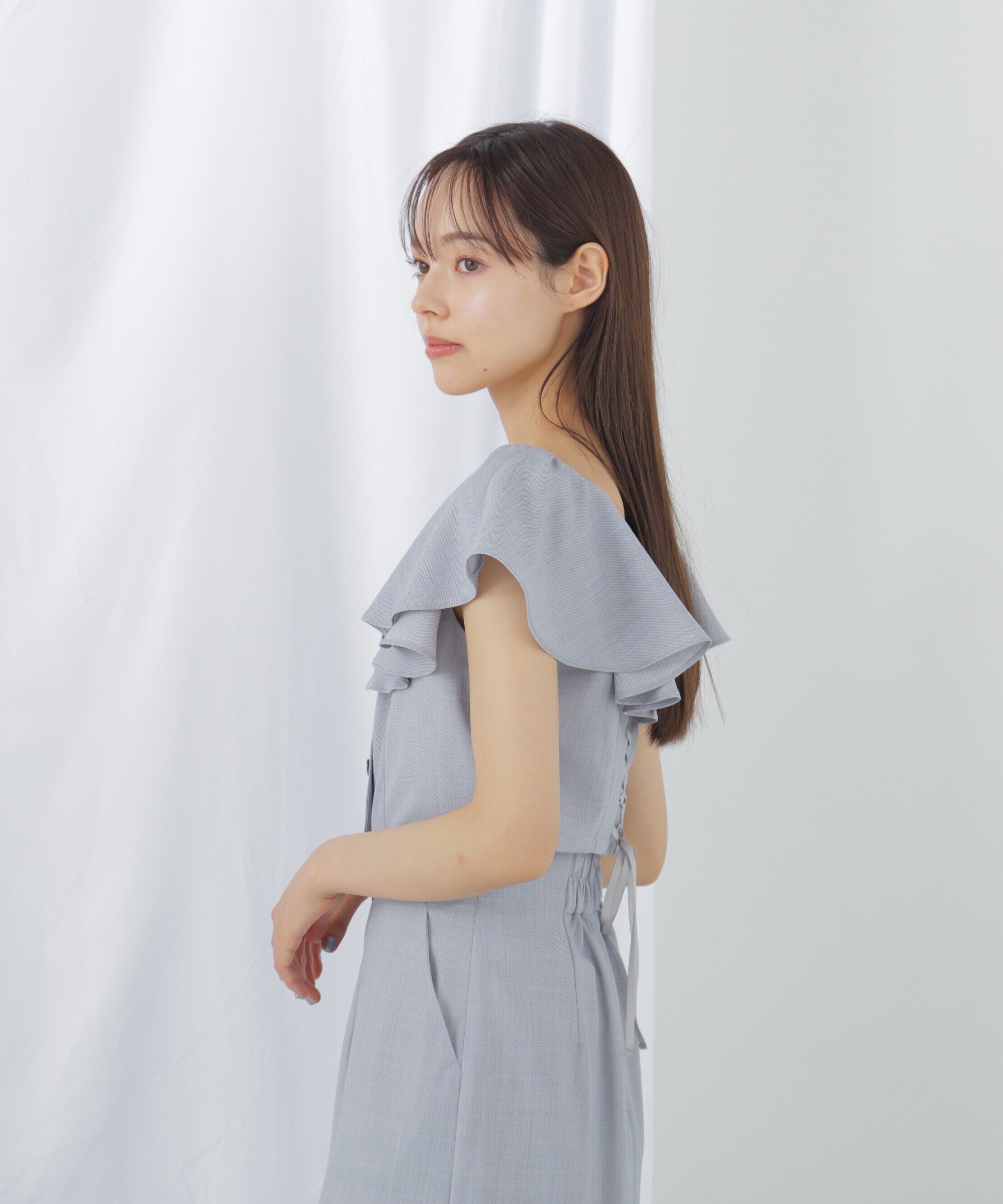  「リネンライククロップドブラウス　WEB限定カラー:ブルー」|シャツ・ブラウス|