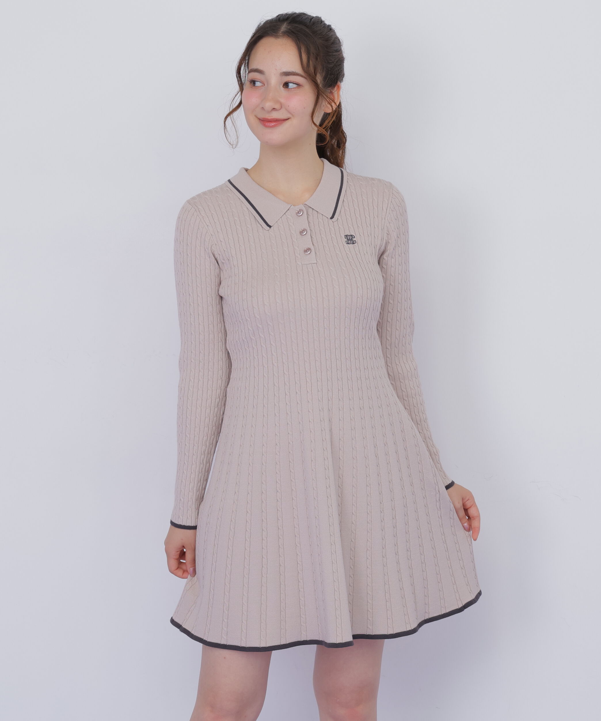  「ポロ襟ケーブルミニワンピース」|ワンピース|ピンク