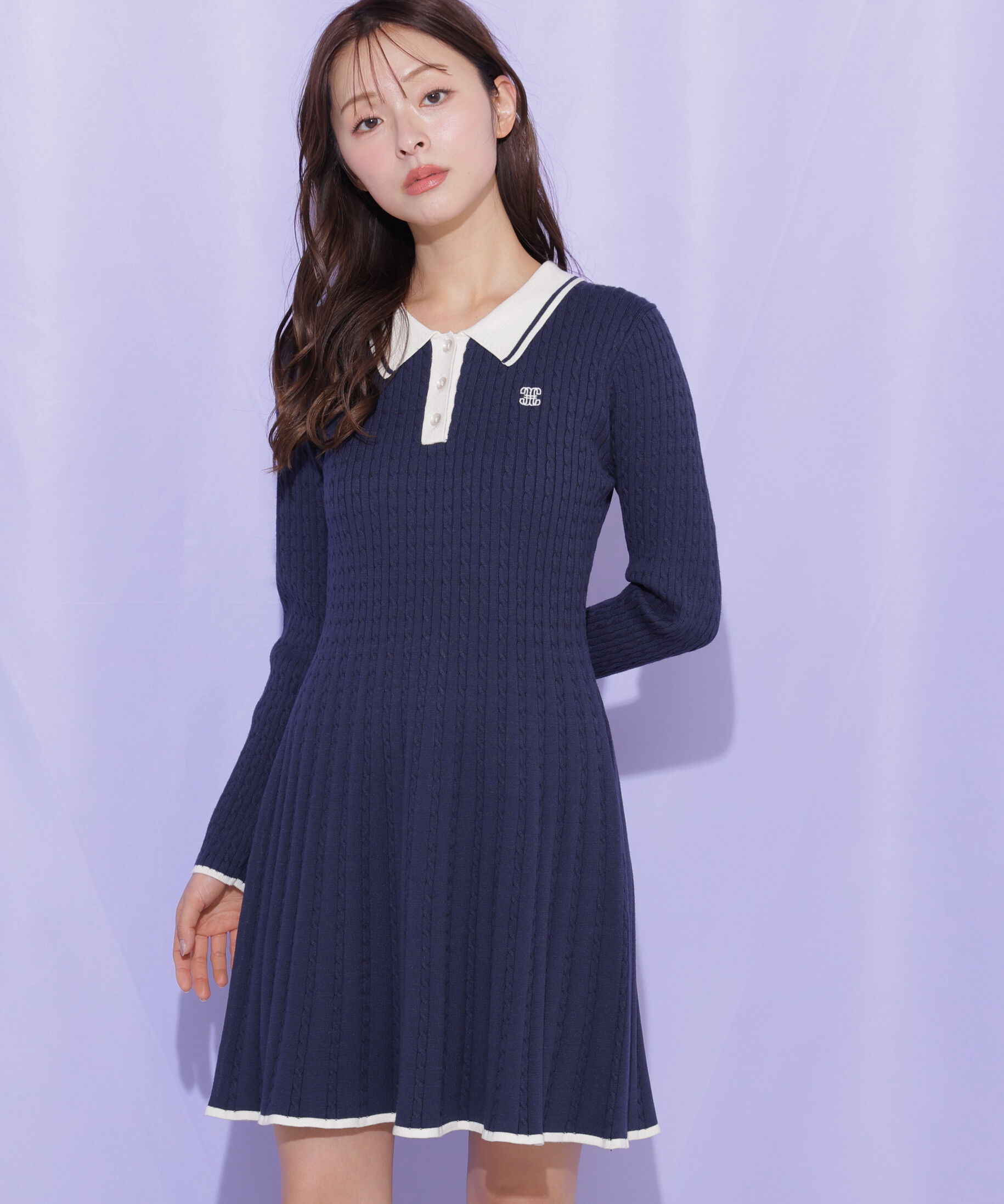  「ポロ襟ケーブルミニワンピース」|ワンピース|ネイビー