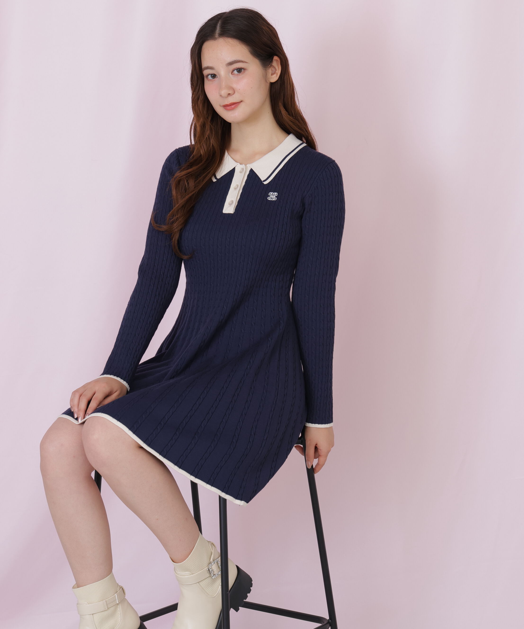  「ポロ襟ケーブルミニワンピース」|ワンピース|
