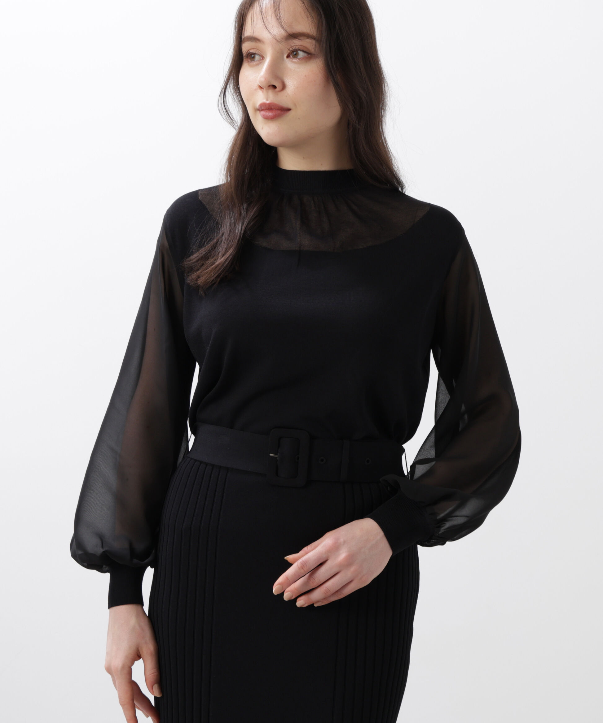  「◆ギャザーネックシフォンコンビニット」|ニット・セーター|