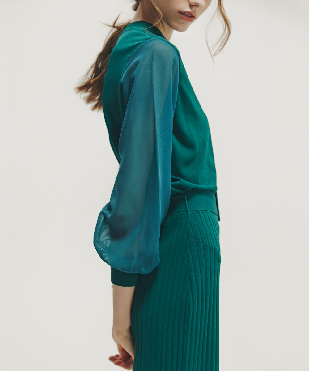  「◆ギャザーネックシフォンコンビニット」|ニット・セーター|