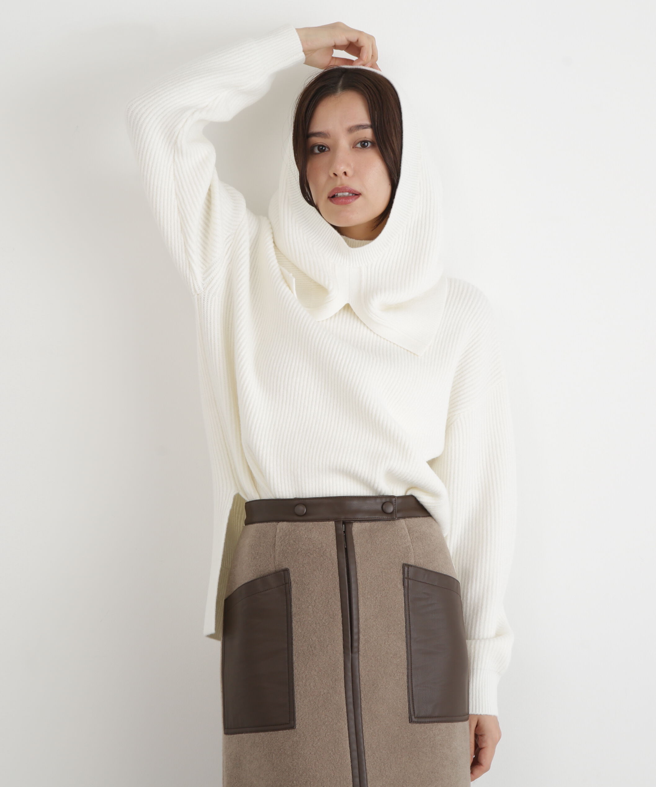  「◆フードスヌード付きニットプルオーバー」|ニット・セーター|