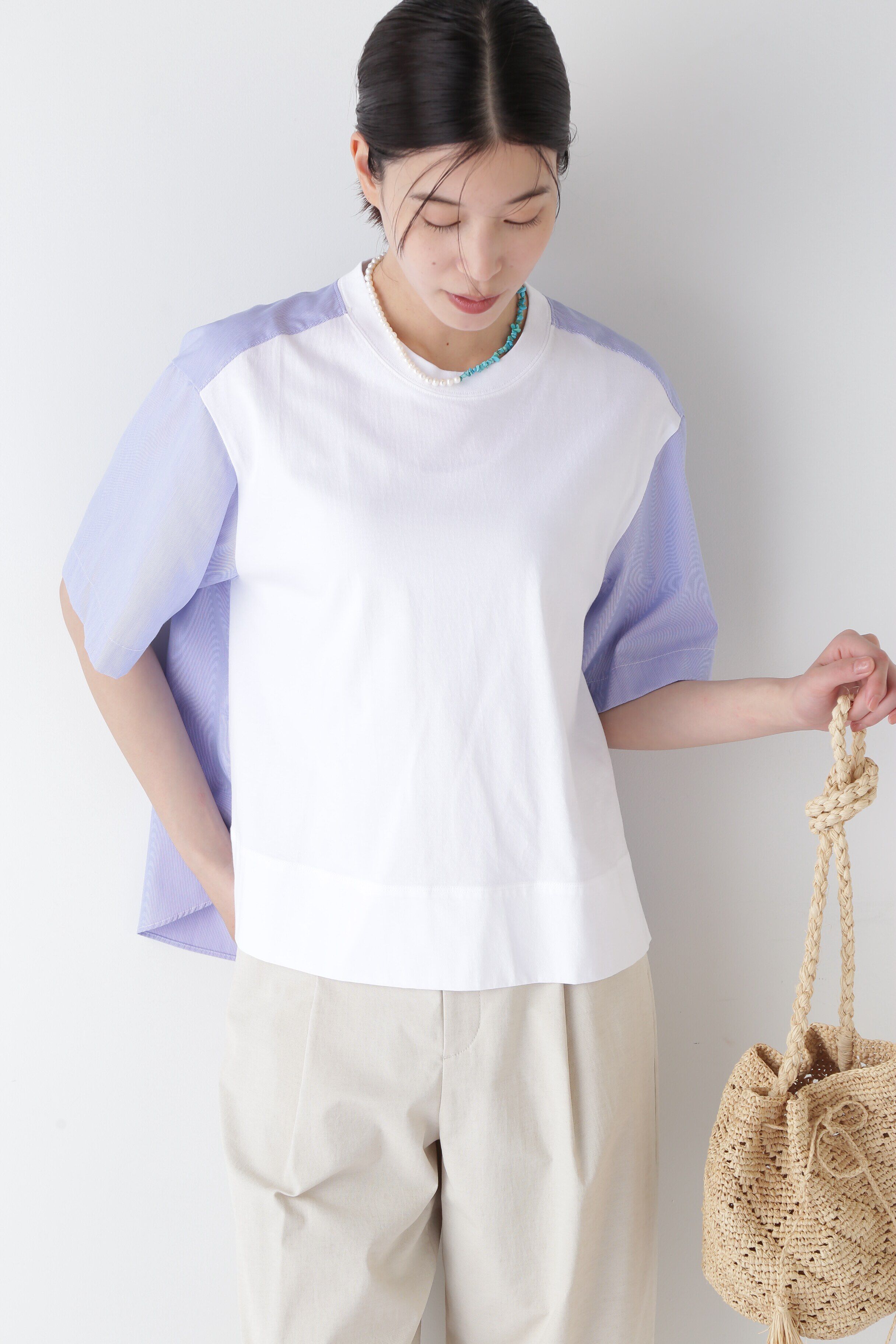  「◆ストライプ布帛コンビＴシャツ」|Tシャツ・カットソー|ホワイト