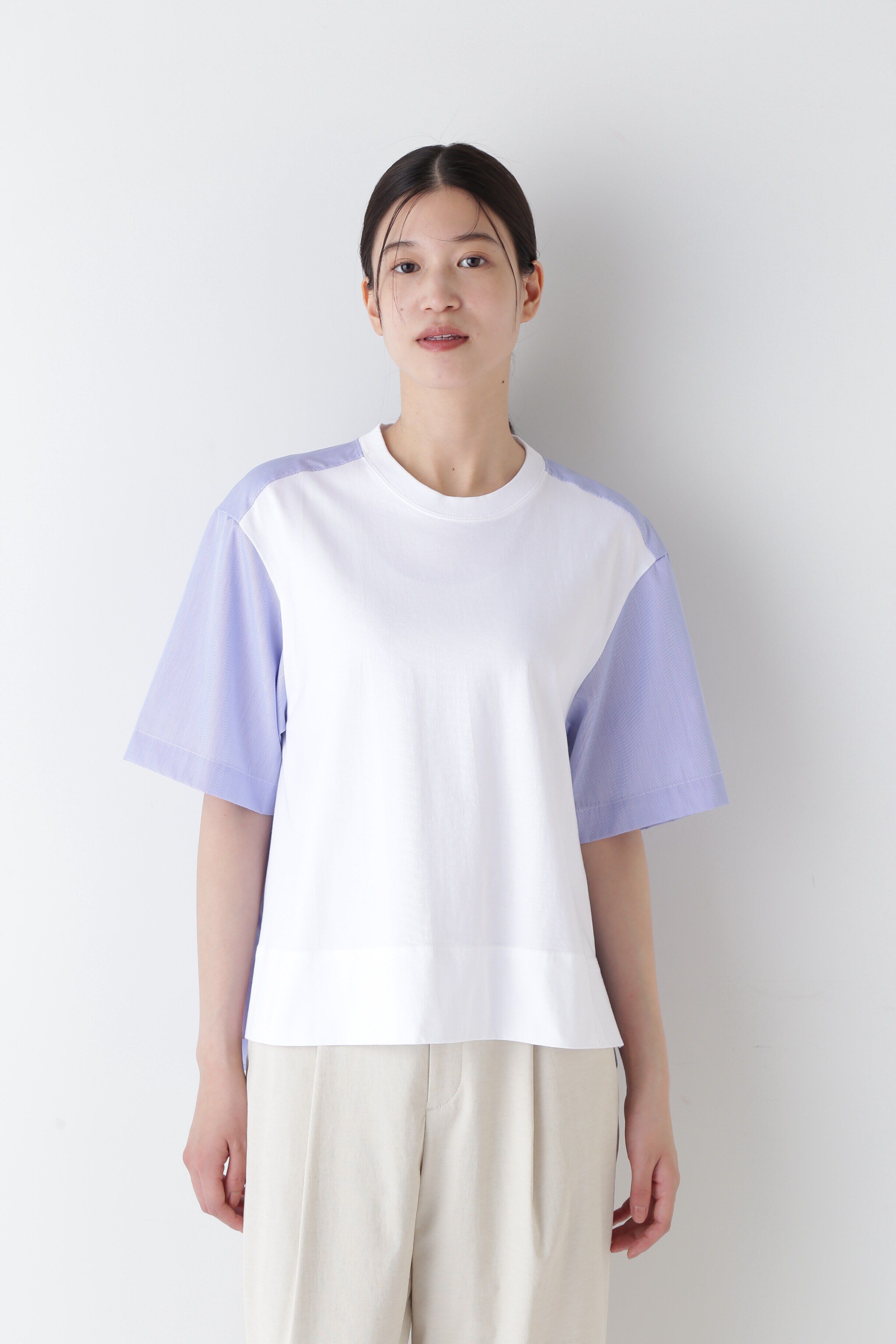  「◆ストライプ布帛コンビＴシャツ」|Tシャツ・カットソー|