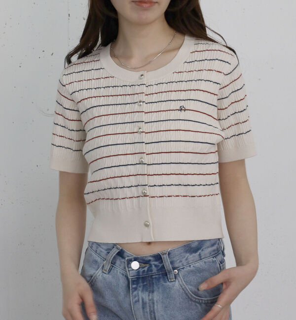 archives「ストライプアソートハーフスリーブケーブルニットカーディガン」|カーディガン|