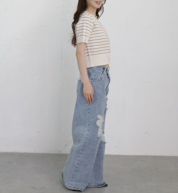 archives「ストライプアソートハーフスリーブケーブルニットカーディガン」|カーディガン|