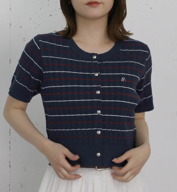 archives「ストライプアソートハーフスリーブケーブルニットカーディガン」|カーディガン|NAVY/RED