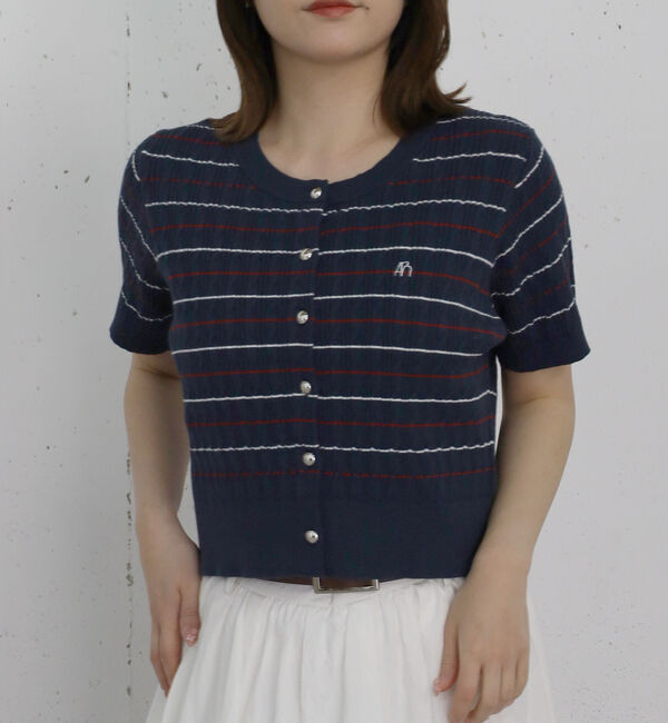 archives「ストライプアソートハーフスリーブケーブルニットカーディガン」|カーディガン|