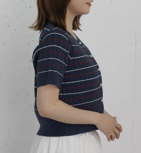 archives「ストライプアソートハーフスリーブケーブルニットカーディガン」|カーディガン|