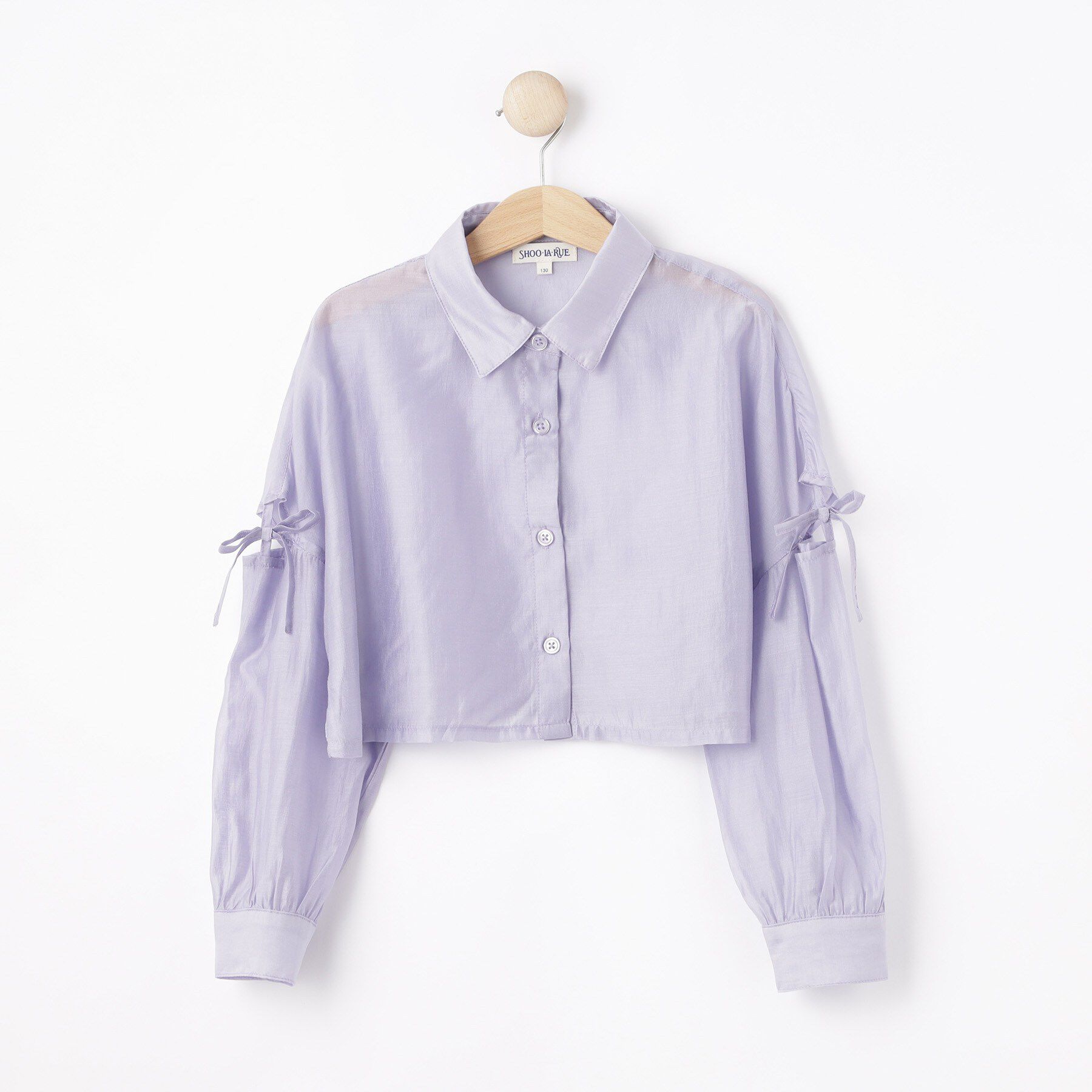 SHOO･LA･RUE「【130-150cm】クロップドシアーリボンシャツ」|シャツ・ブラウス|ラベンダー(080)