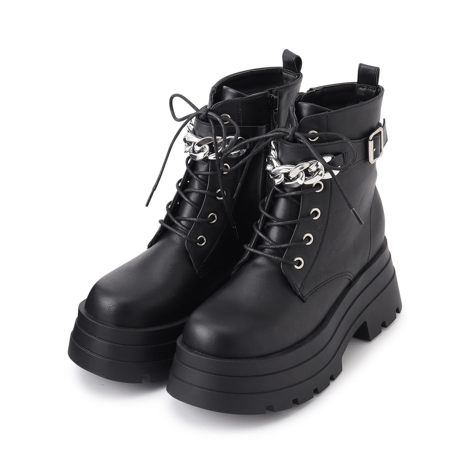 csT&P「厚底3段ソールチェーン付き ベルト付きレースアップブーツ」|ショートブーツ|ブラック(019)