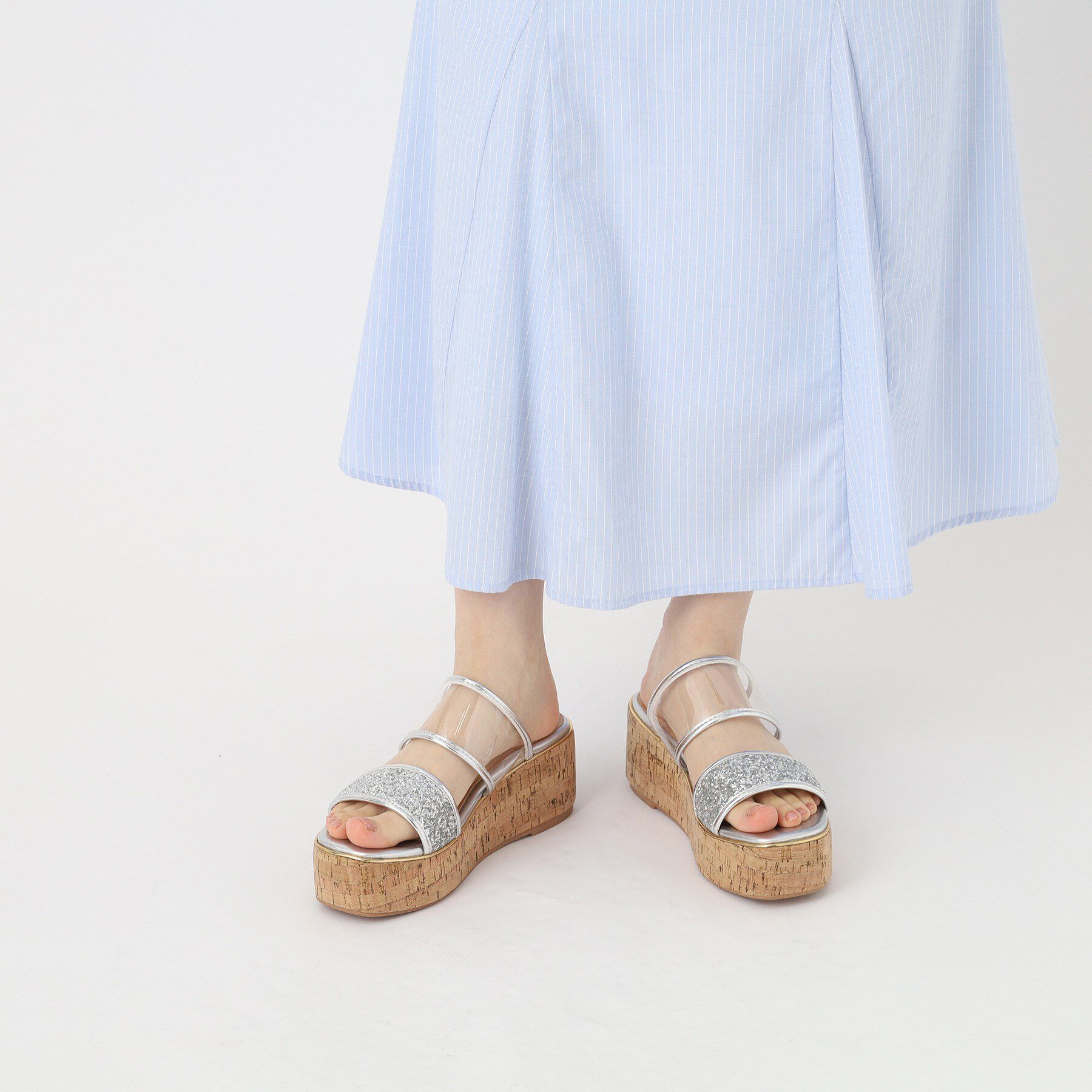 ESPERANZA「グリッター&times;クリアベルト 厚底コルクサンダル」|サンダル|