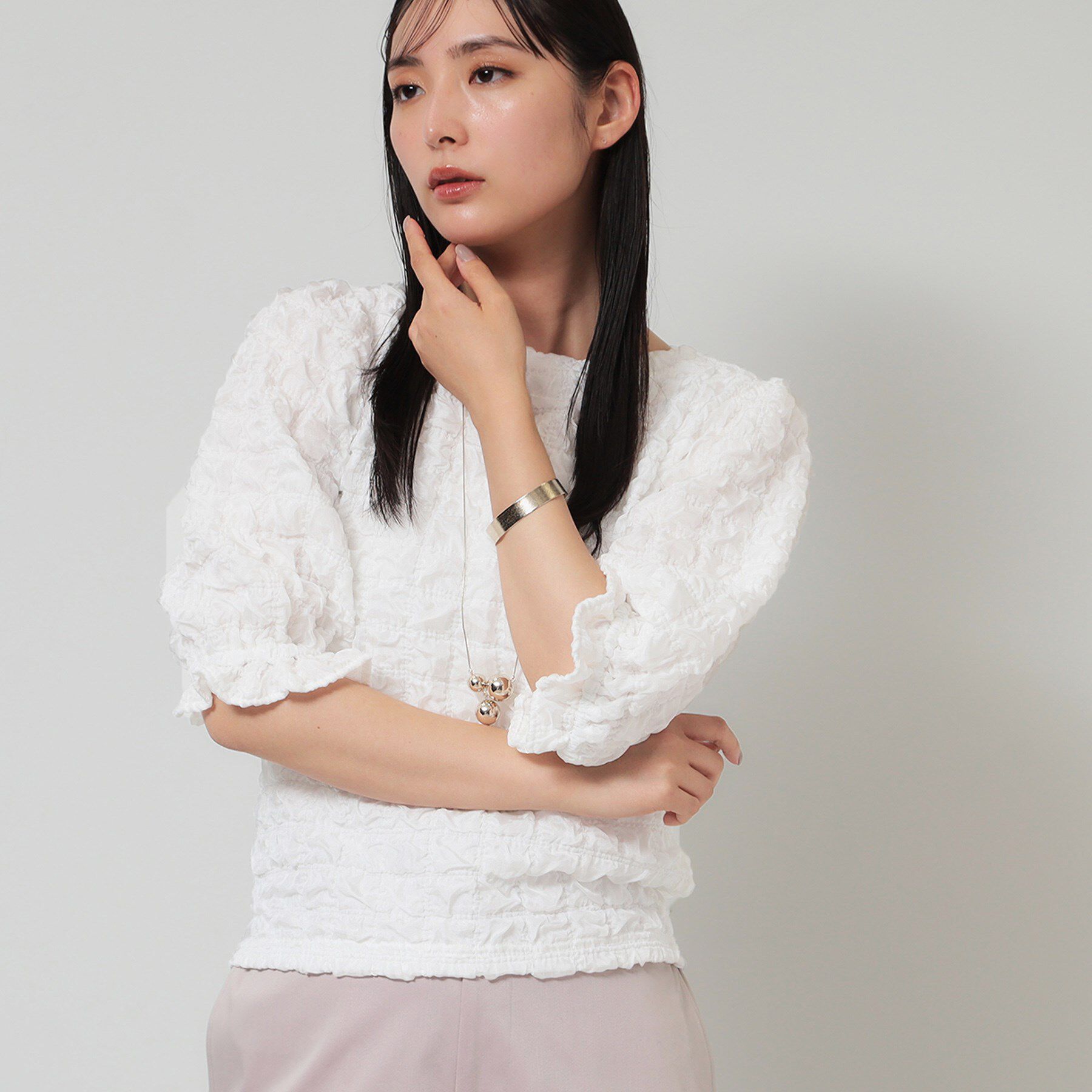 SunaUna「【今すぐ活躍！／パフスリーブ】ジャカードプルオーバー」|Tシャツ・カットソー|オフホワイト(003