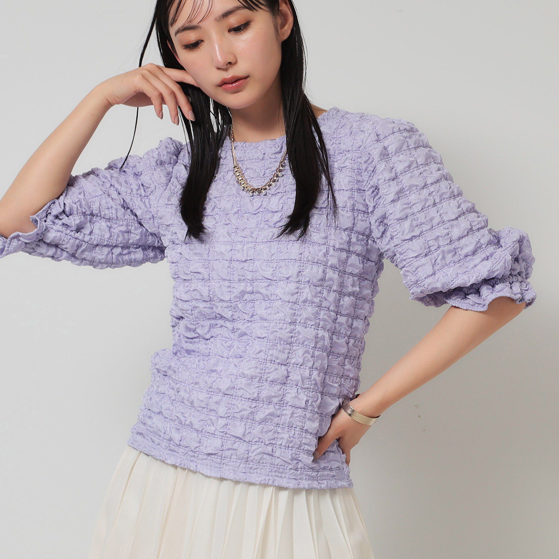 SunaUna「【今すぐ活躍！／パフスリーブ】ジャカードプルオーバー」|Tシャツ・カットソー|パープル(081)