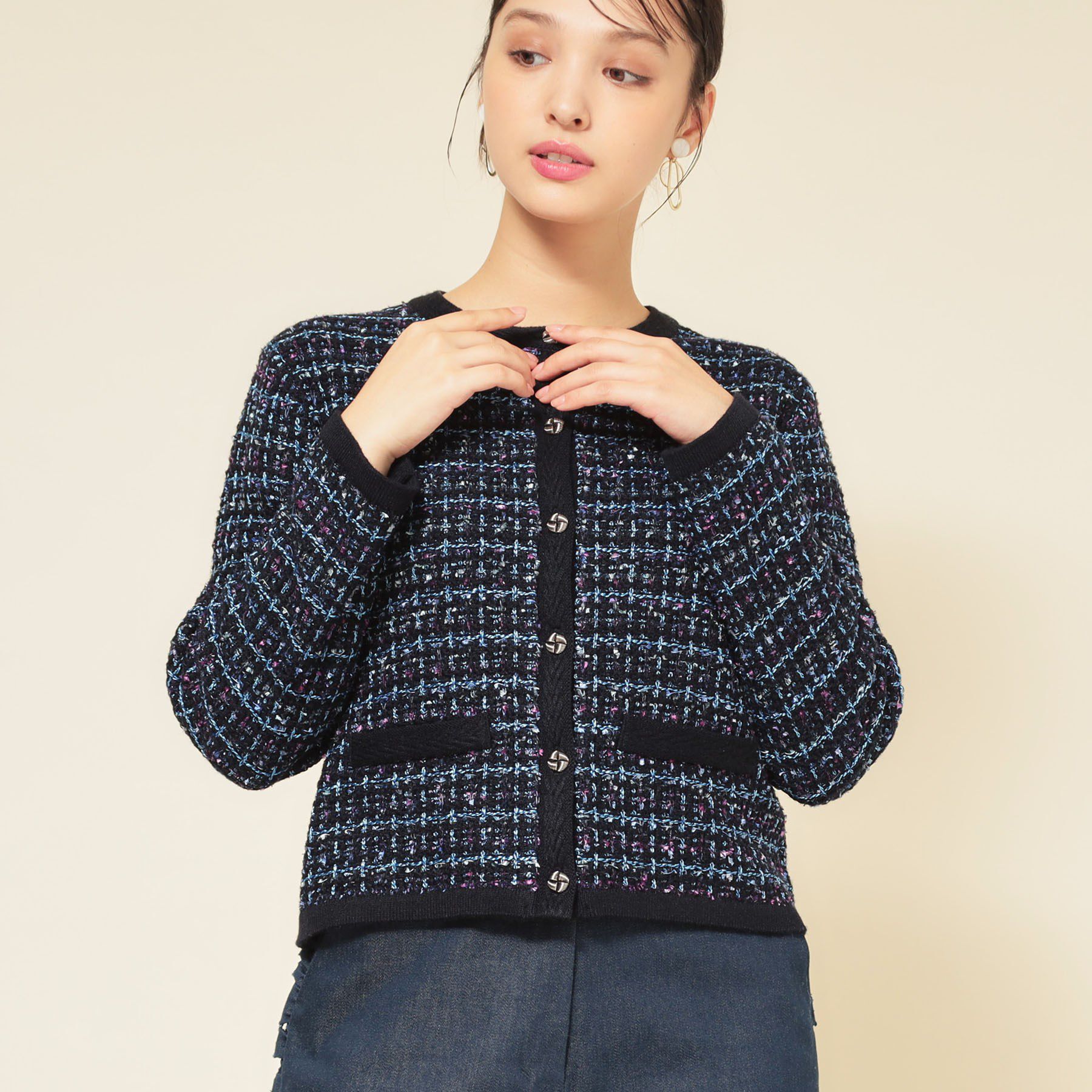 SunaUna「【配色／ミックス】ツイードカーディガン」|カーディガン|ネイビー(494)