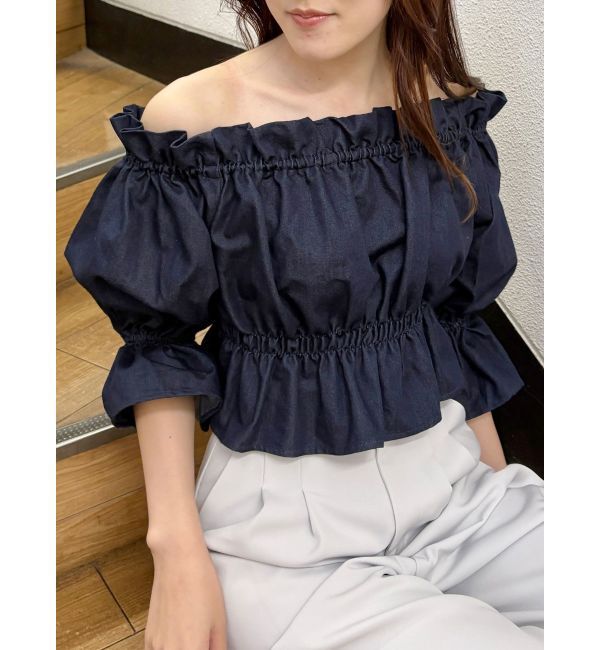 MERCURYDUO「デニム2WAYオフショル五分袖シャーリングブラウス」|シャツ・ブラウス|インディゴ