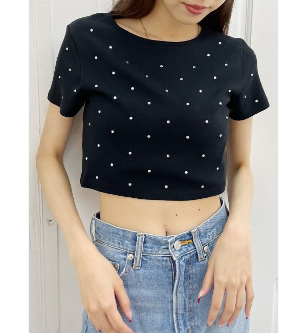 EVRIS「ラインストーンコンパクトＴシャツ」|Tシャツ・カットソー|ブラック