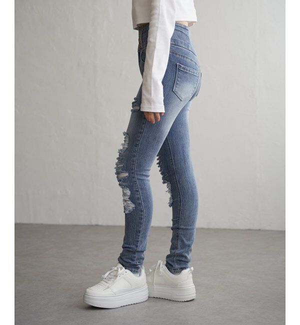 VENCE share style「ハイウエストダメージスキニーデニム」|デニム|
