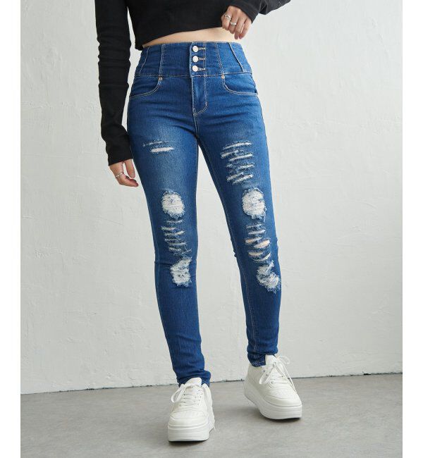 VENCE share style「ハイウエストダメージスキニーデニム」|デニム|