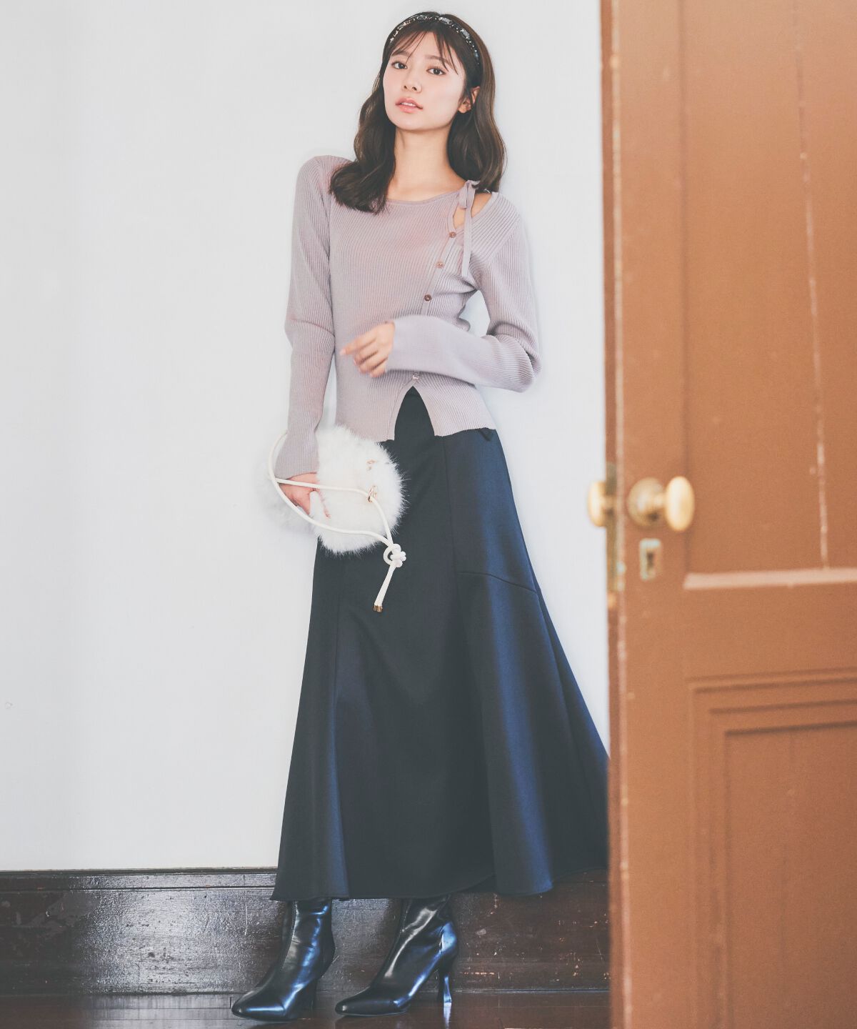 アンドクチュール「アシメリボンスリットプルオーバー」|ニット・セーター|