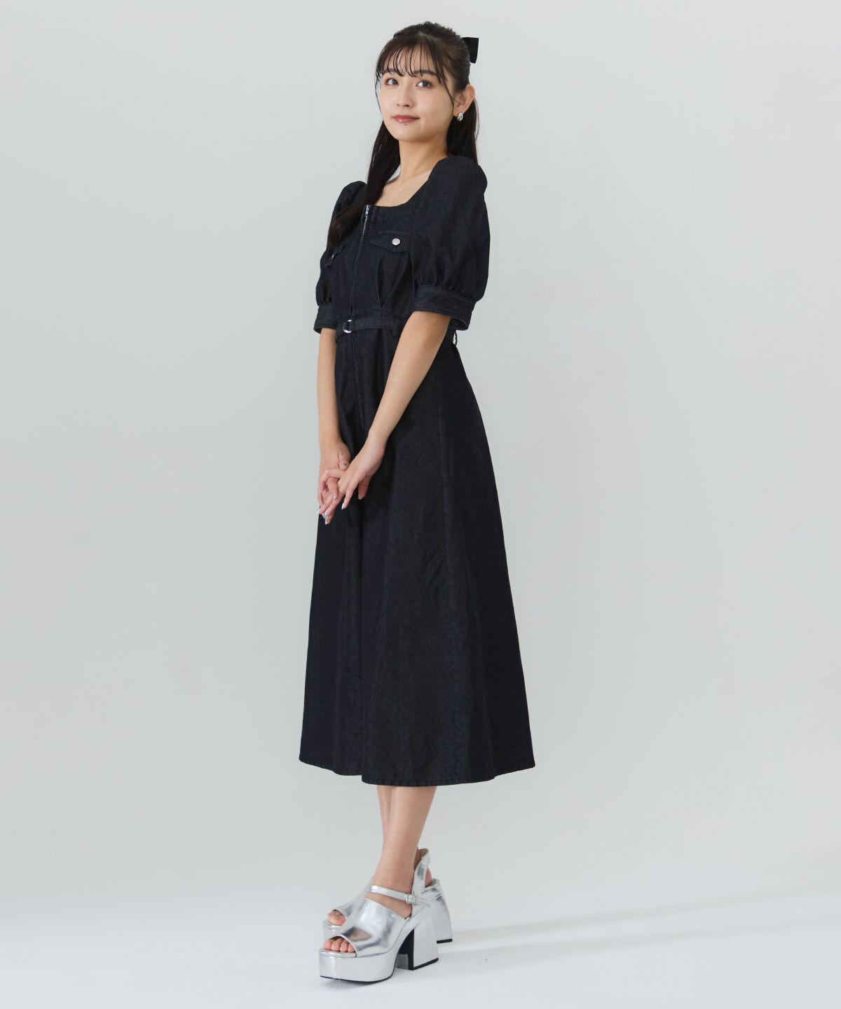 REDYAZEL「フロントジップスクエアネックフレアワンピース」|ワンピース|