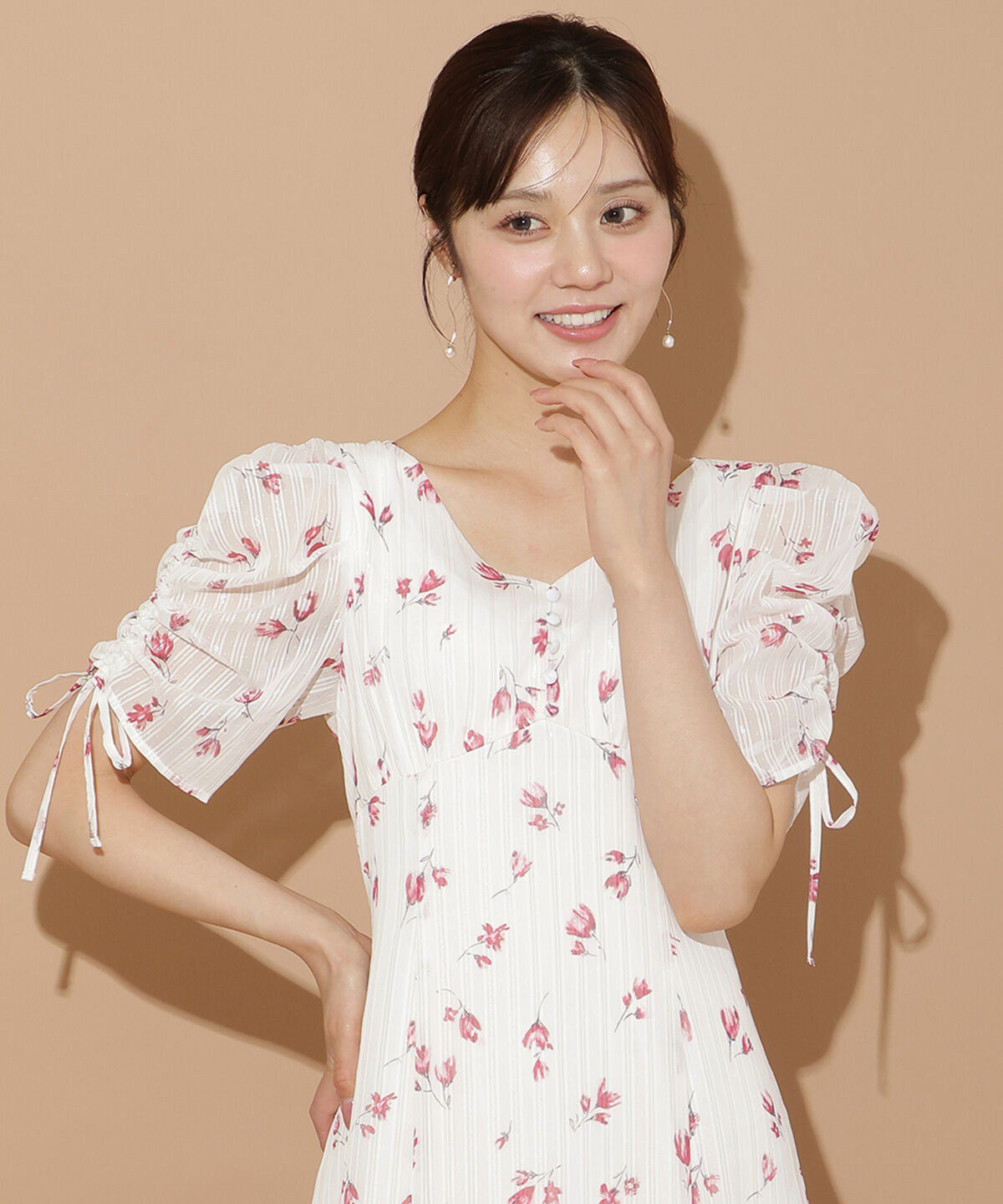 WILLSELECTION「フルールプリントギャザースリーブワンピース」|ワンピース|