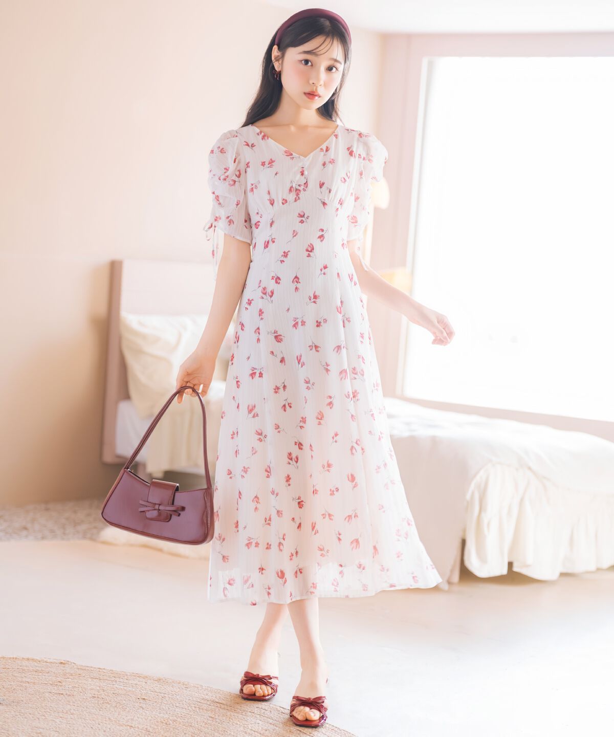 WILLSELECTION「フルールプリントギャザースリーブワンピース」|ワンピース|