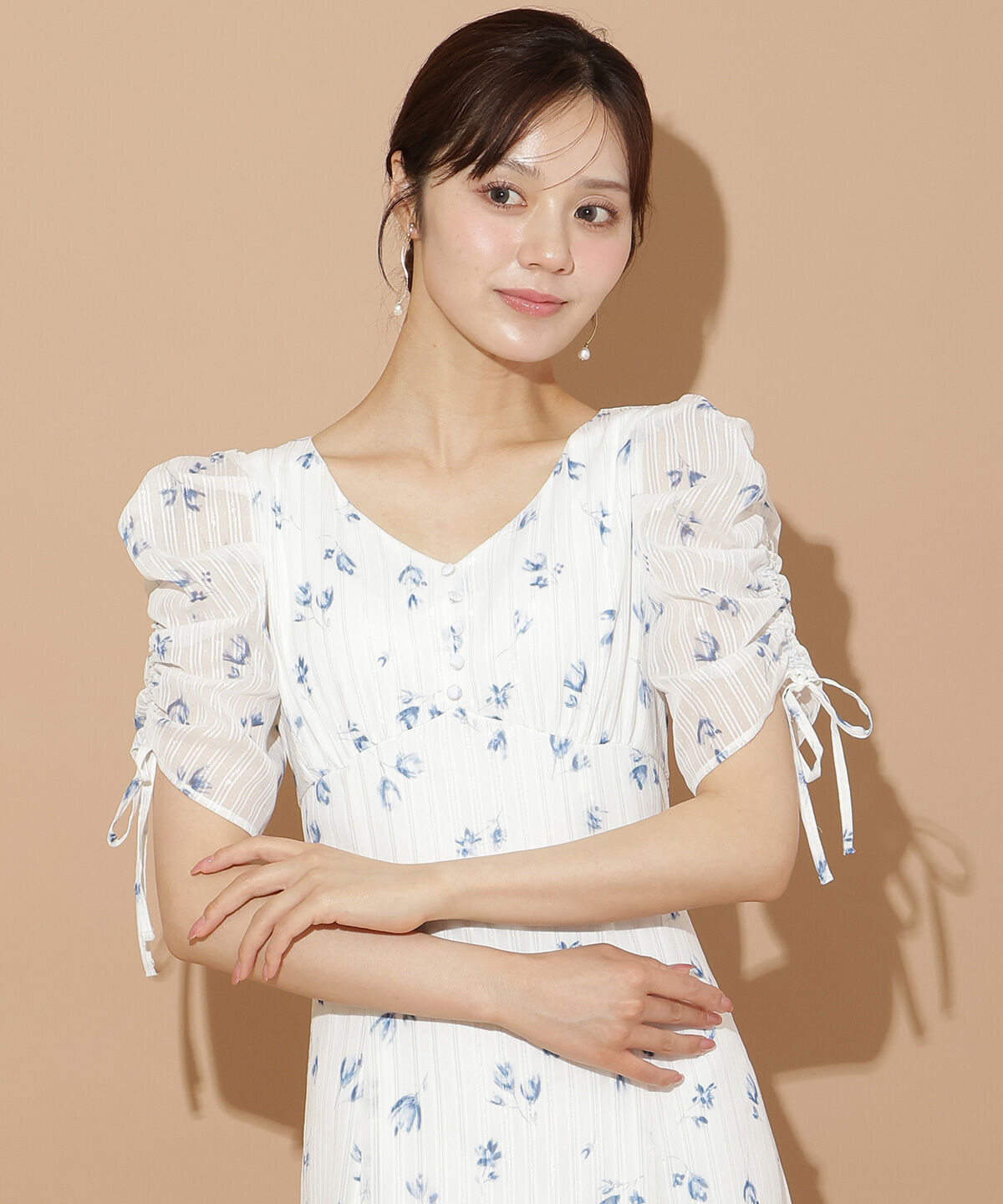 WILLSELECTION「フルールプリントギャザースリーブワンピース」|ワンピース|