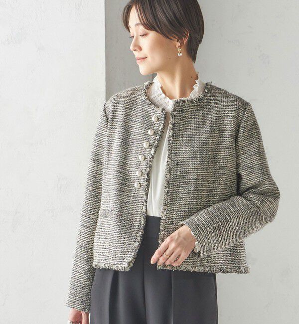SHIPS for women「〈セレモニー対応可〉スラブ ツイード ノーカラー ジャケット（セットアップ対応）」|ノーカラージャケット|ダークグレー