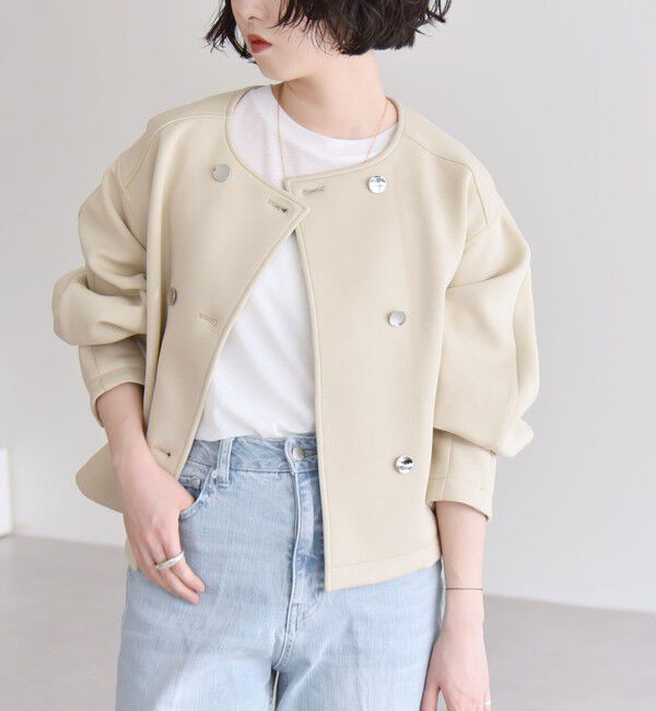 quaranciel「quaranciel:〈洗濯機可能〉ダブルジャージー ノーカラー コンパクト ジャケット」|ノーカラージャケット|ベージュ