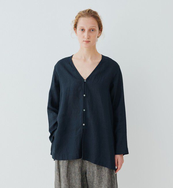 GALERIE VIE「リネンポプリン サイドスリットカラーレスシャツ」|シャツ・ブラウス|